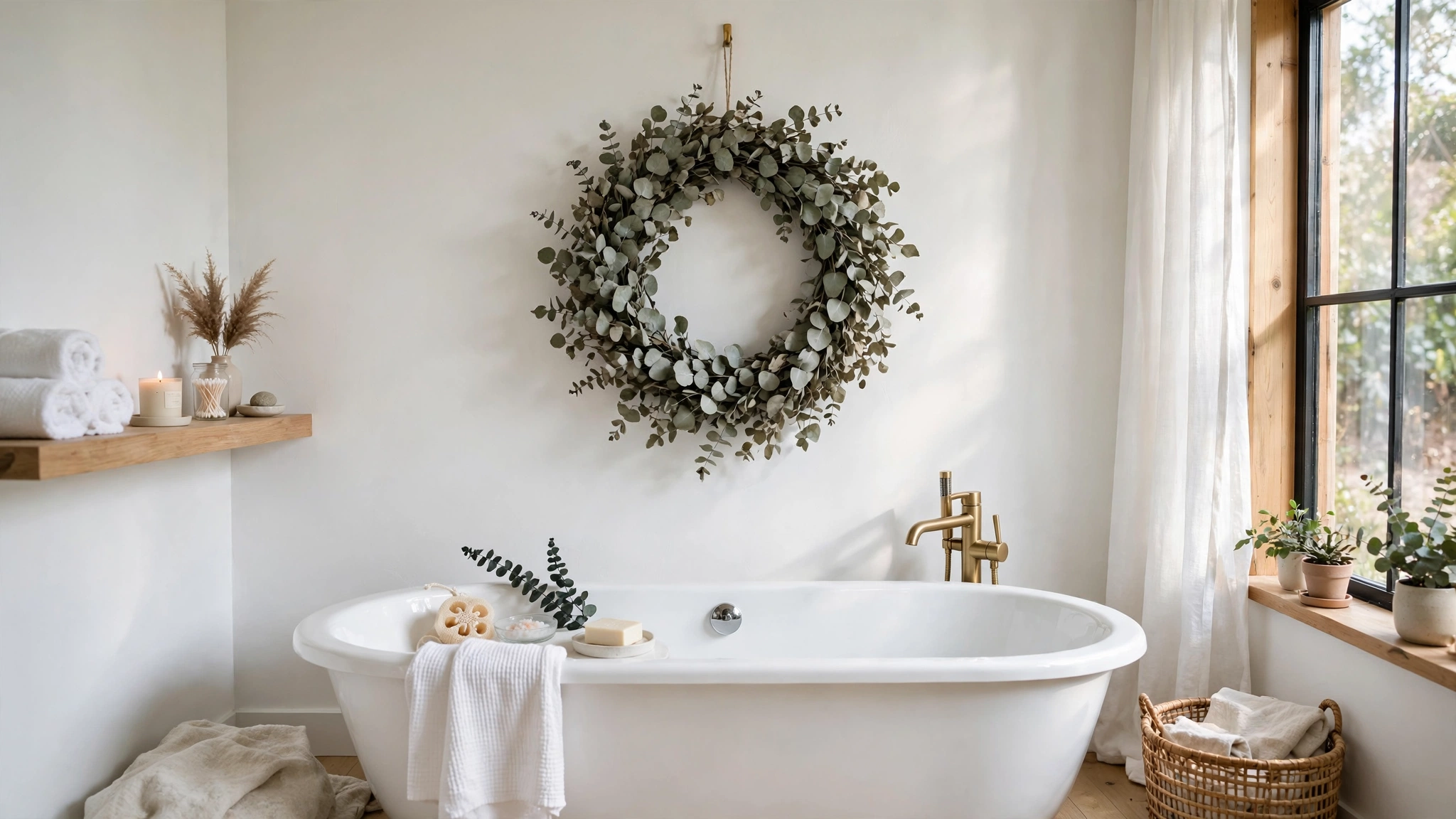 Round dried eucalyptus wreath hanging on a bathroom wall above a white bathtub