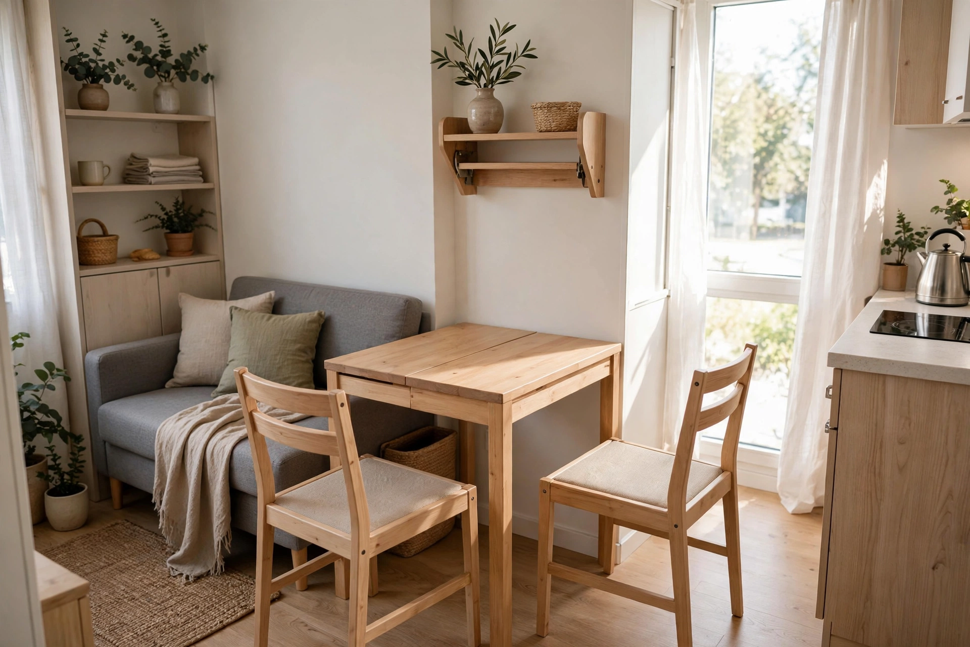 Extendable dining table in compact mode in a small living dining combo.