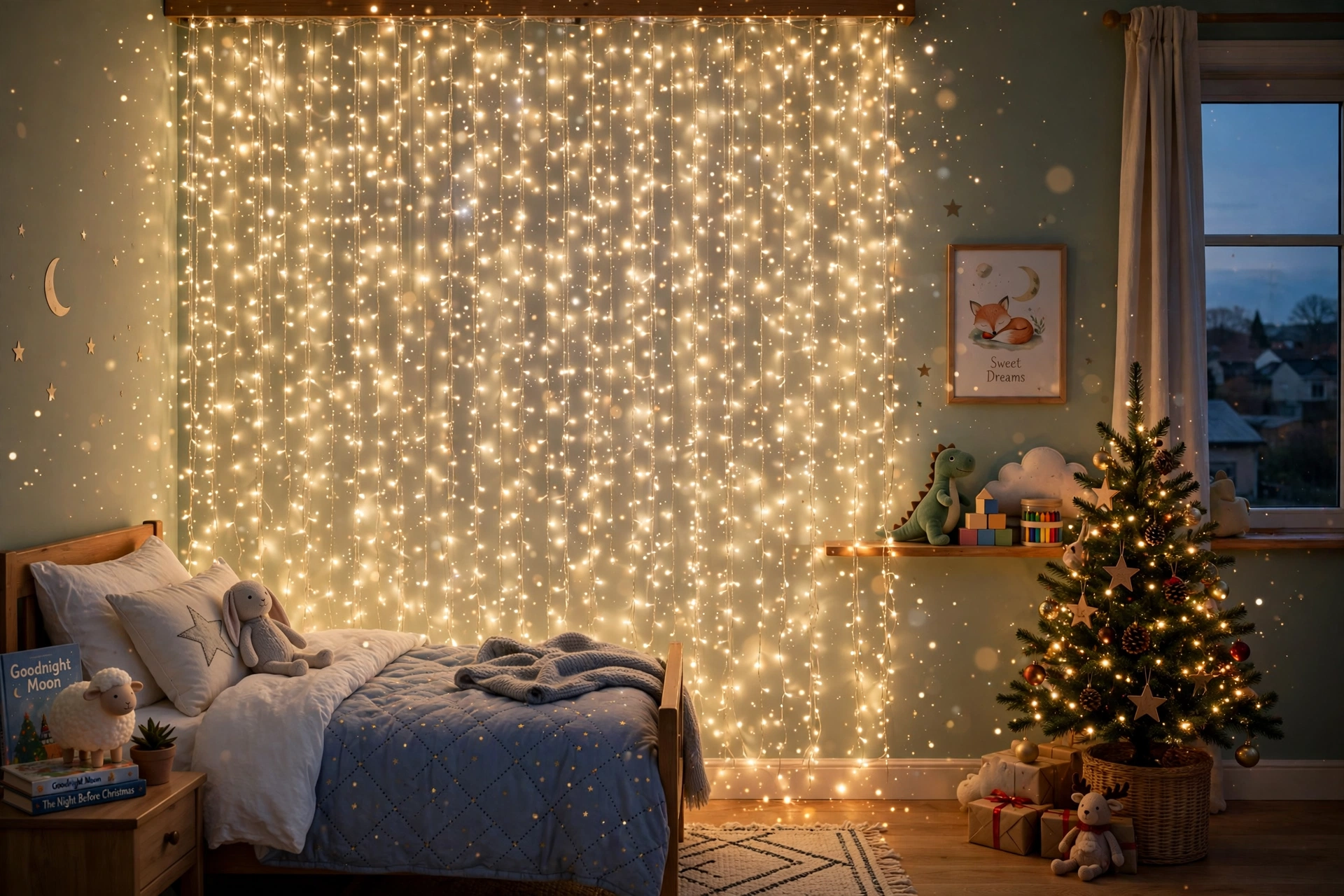 Fairy light curtain — Christmas bedroom idea for kids