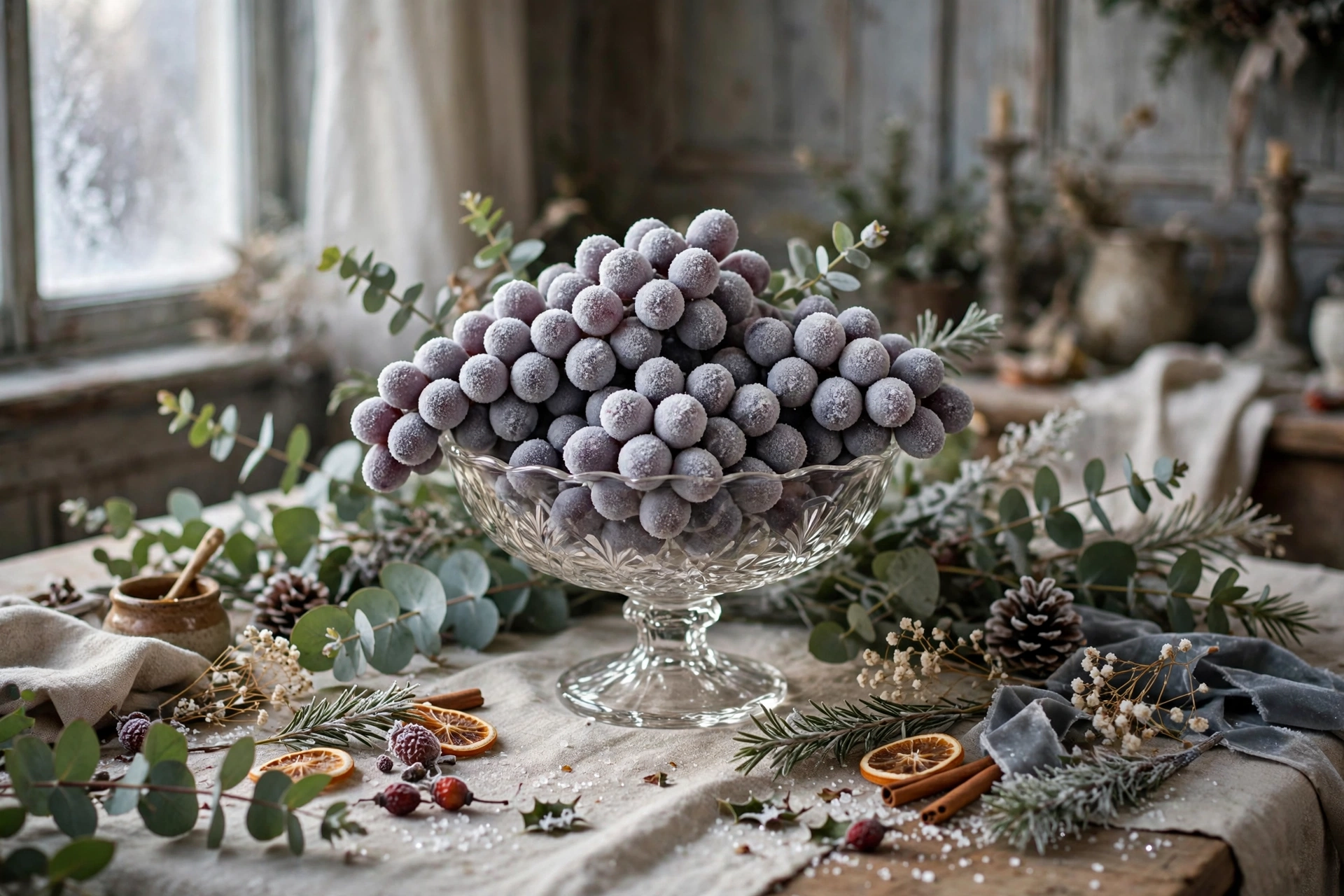 Frosted grape cluster bowl centerpiece on a winter table