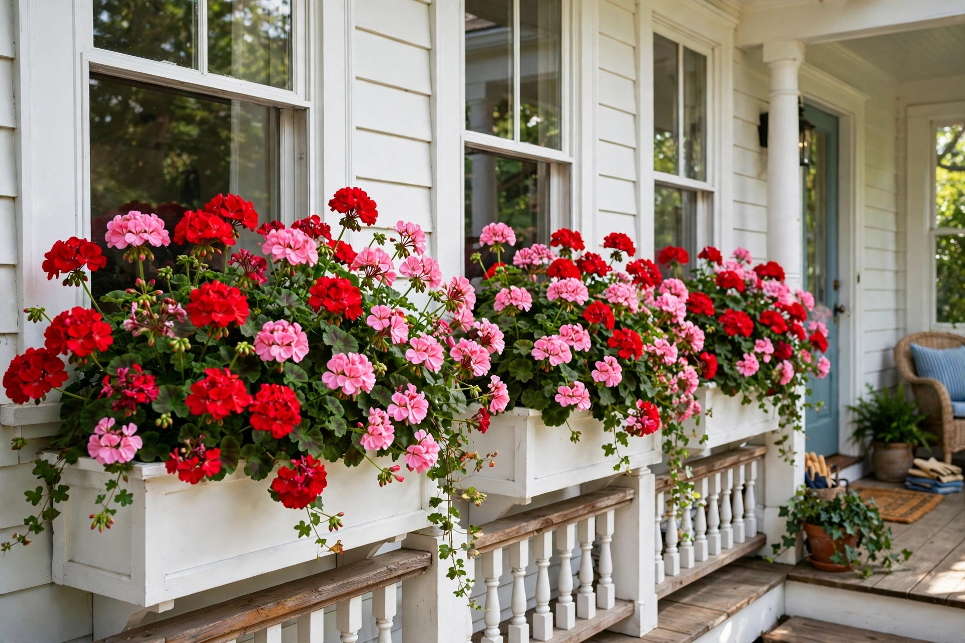 White window boxes overflowing with red and pink geraniums on a porch.