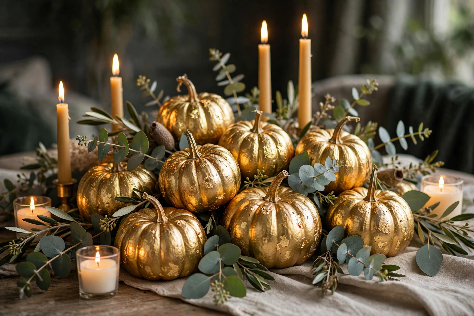 Small pumpkins covered in gold leaf arranged as a luxe centerpiece with eucalyptus and candles.