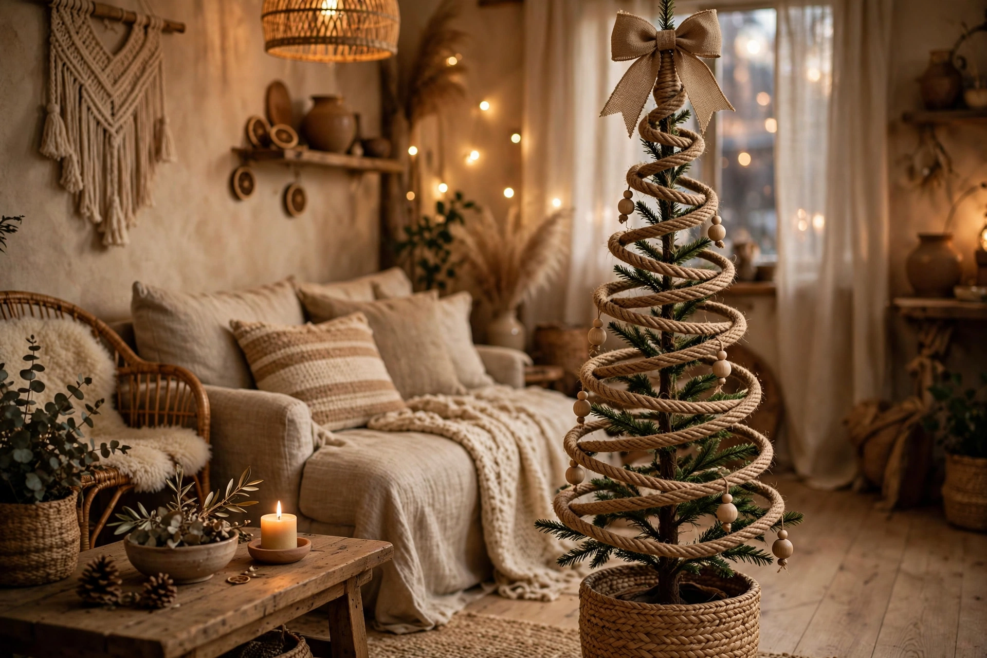 A slim Christmas tree wrapped in spirals of natural jute rope