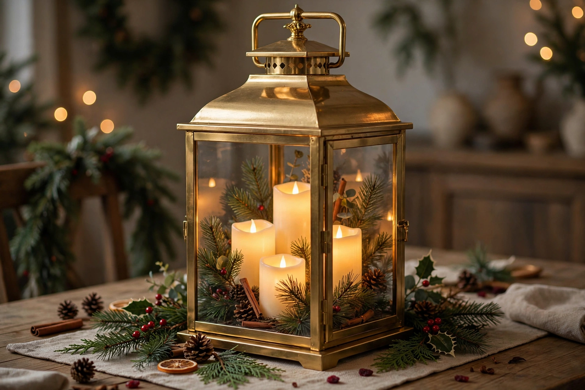 Large gold lantern filled with flameless candles and pine sprigs glowing on a table.