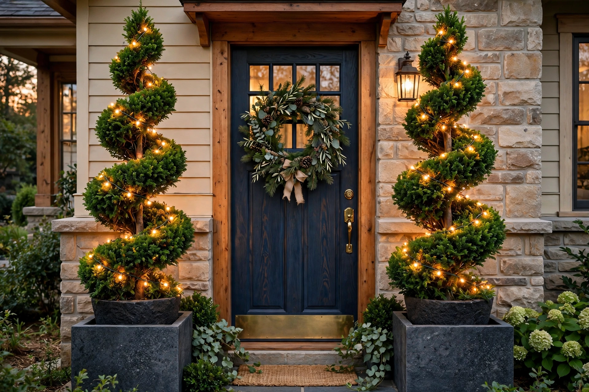 Lighted topiary trees — Christmas door idea