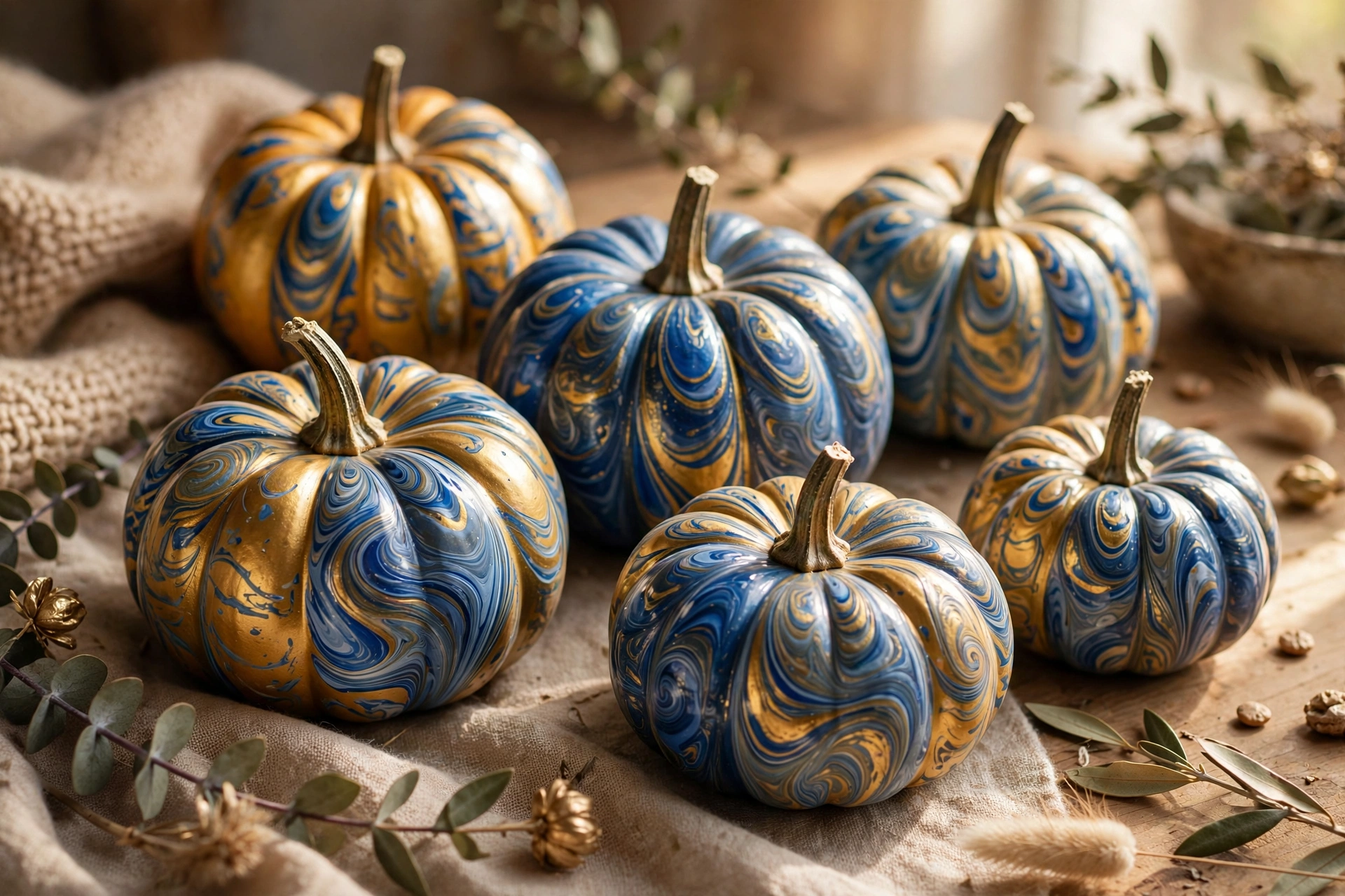 Marbled nail polish mini pumpkins — mini pumpkin painting idea