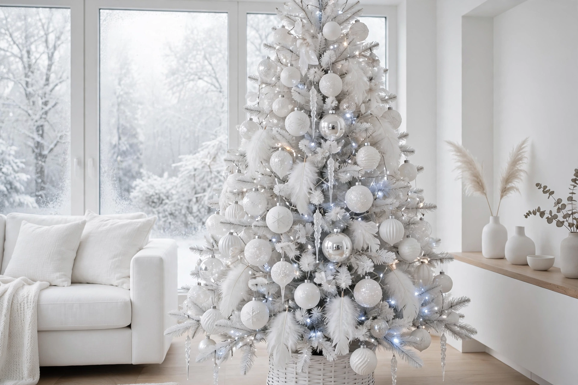 monochromatic all-white Christmas tree with white ornaments in varied textures