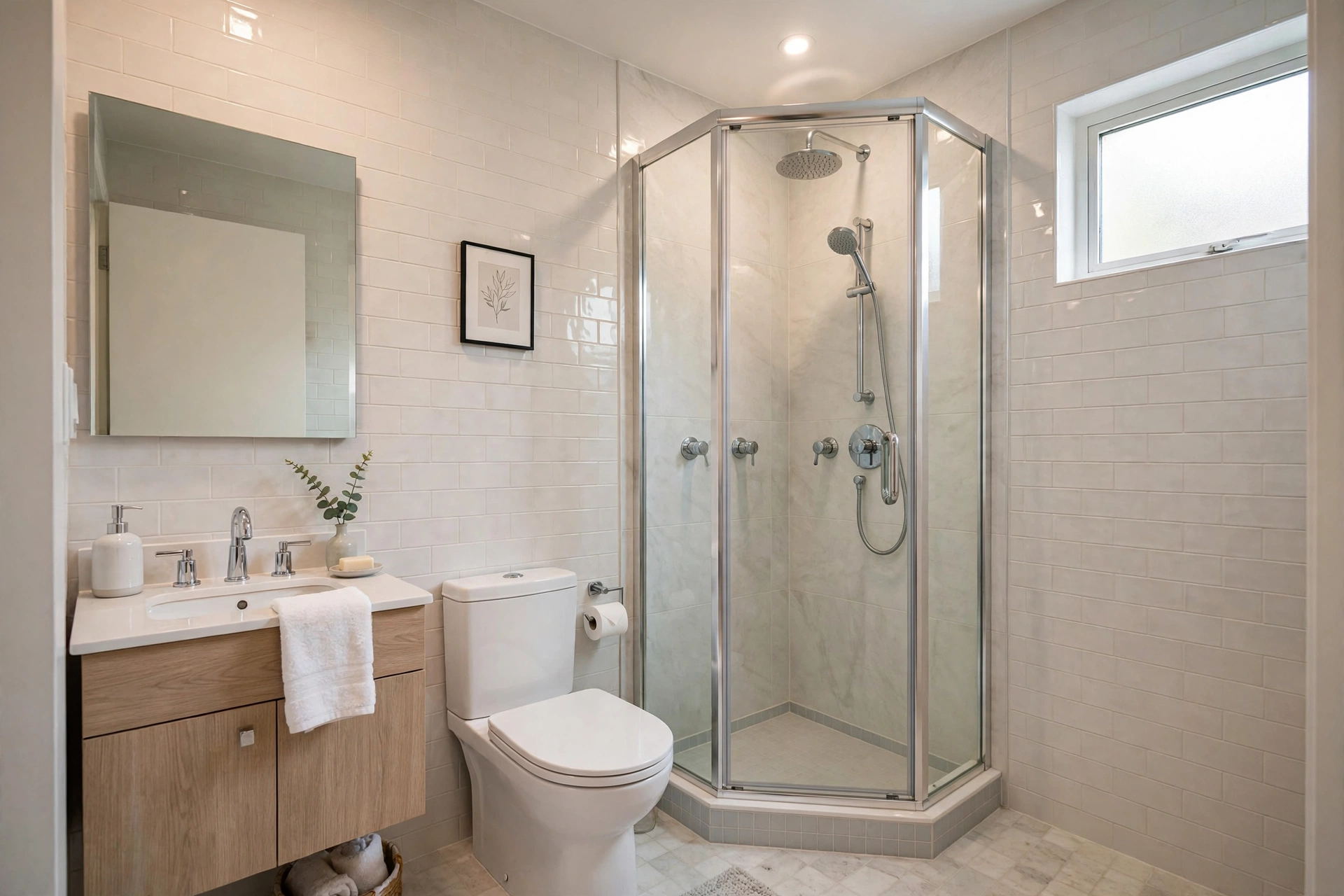 Neo-angle corner shower — small bathroom idea