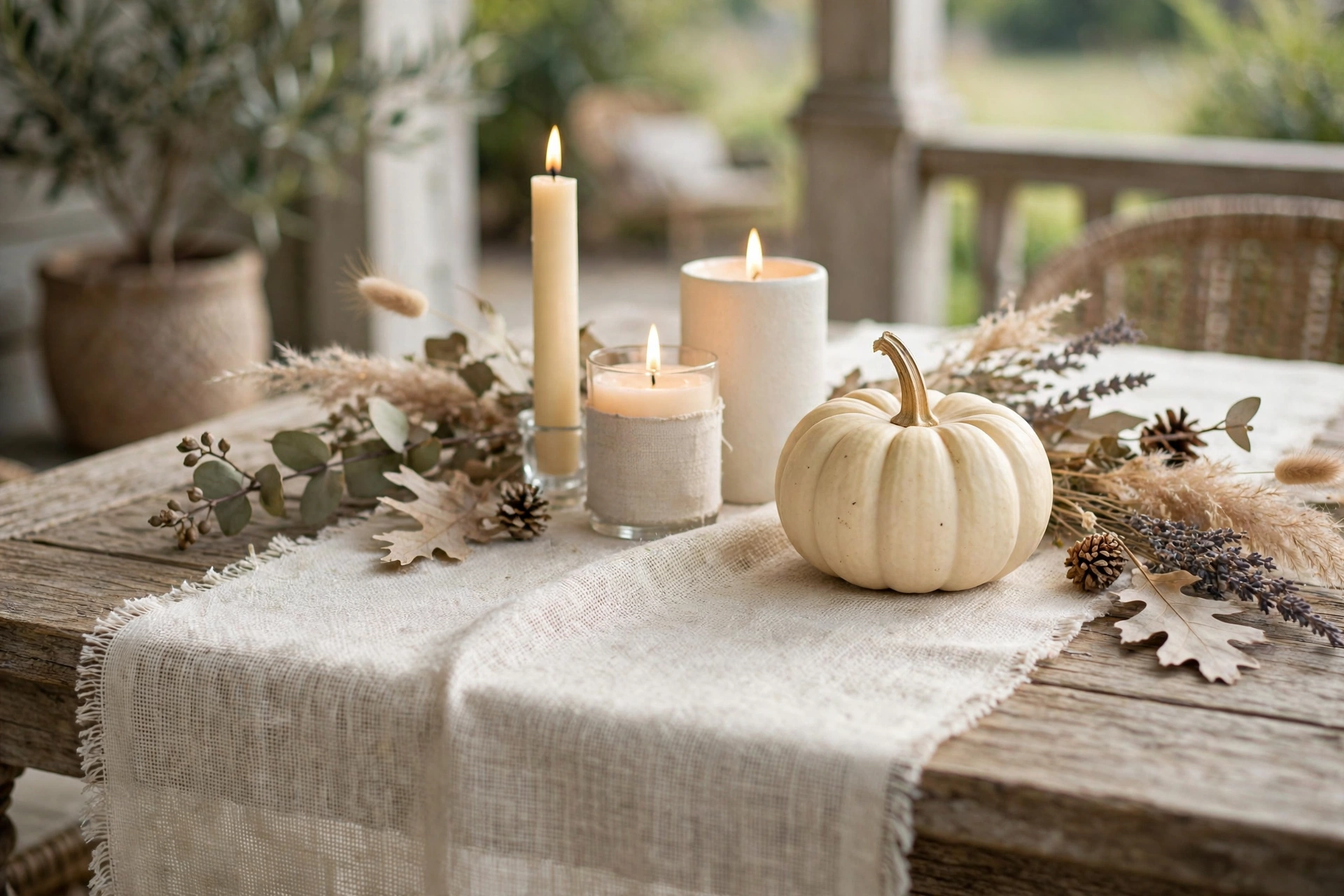 Off-white burlap table runner styled with candles and a small pumpkin on a porch table.