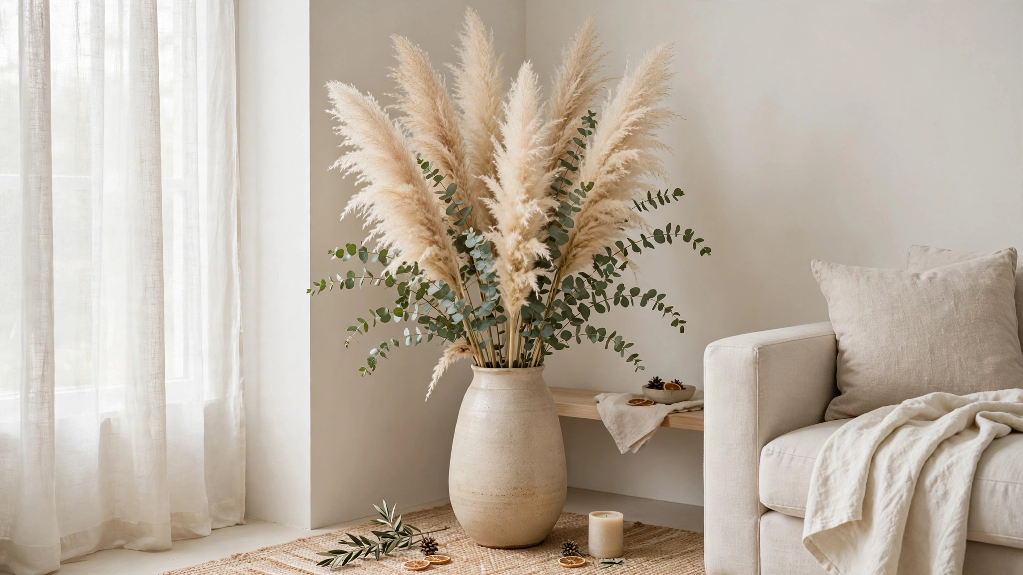 A tall pampas grass arrangement in a ceramic floor vase in a bright neutral living room corner.