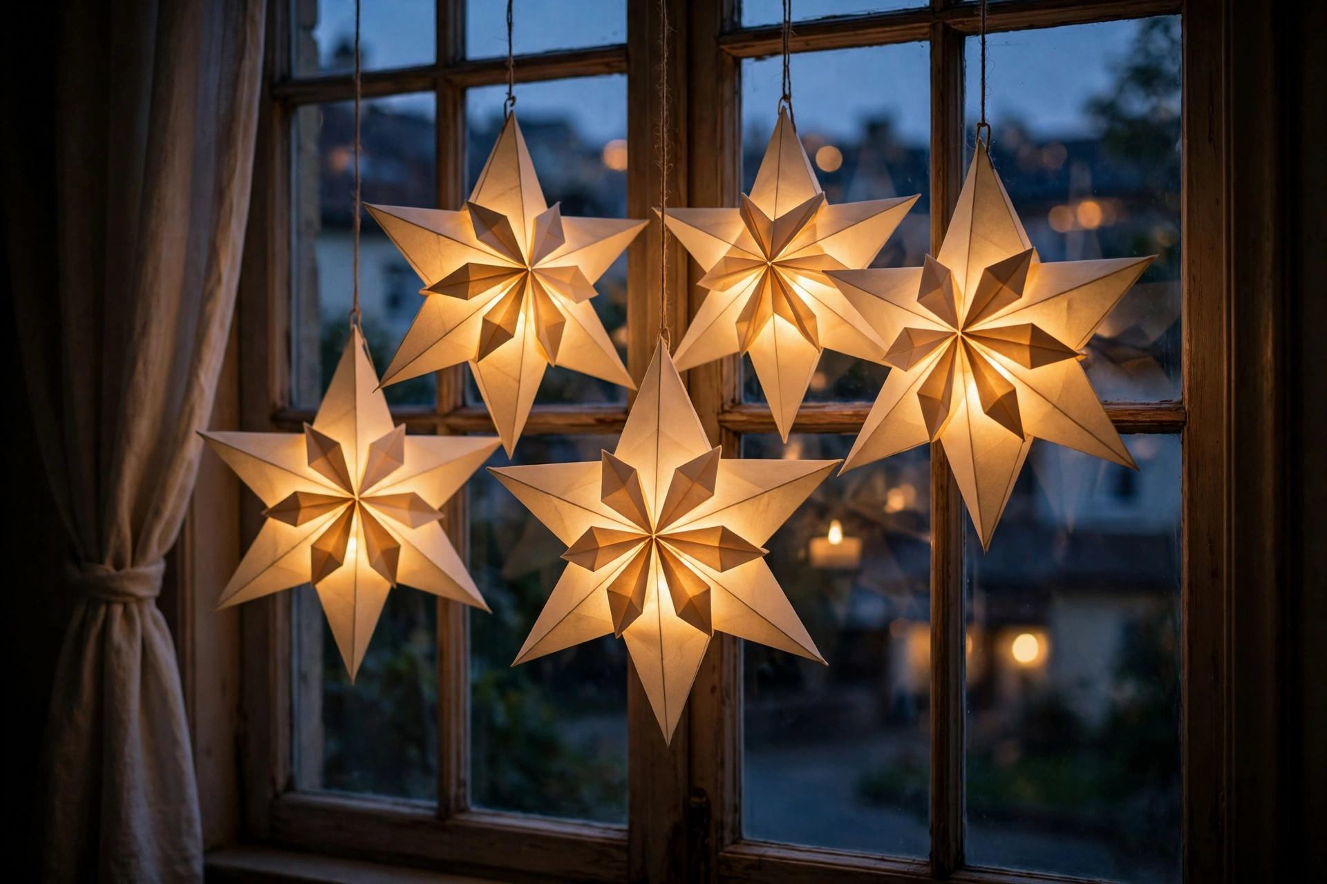 Folded paper star lanterns glowing with LED tea lights in a window at dusk.