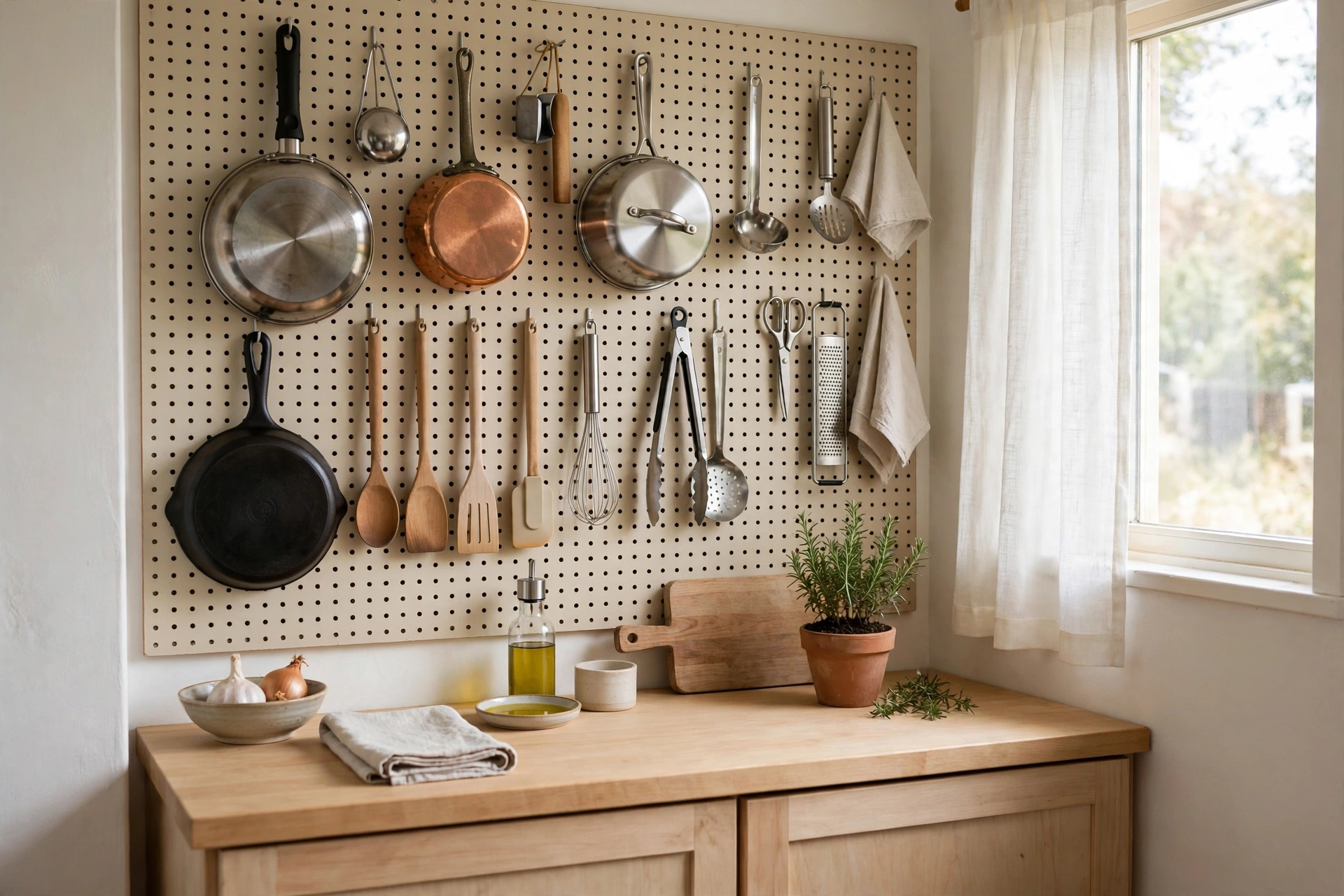 A pegboard wall in a small studio kitchen holding pots, pans, and cooking utensils neatly