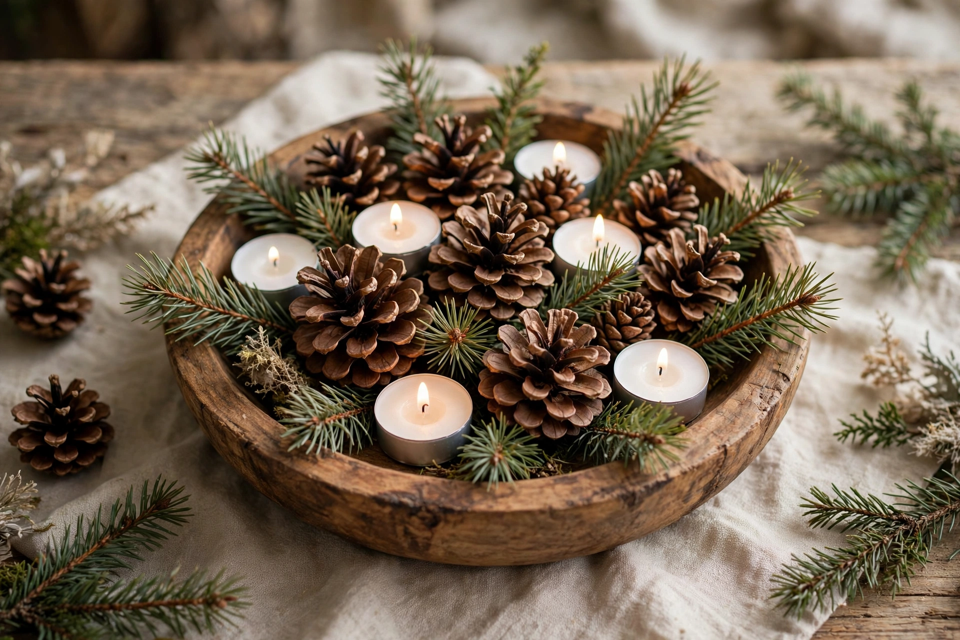 Wooden bowl filled with pinecones, pine sprigs and white tea lights as a centerpiece.