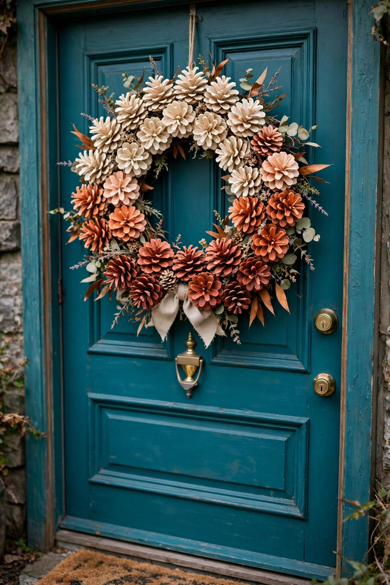 Pinecone wreath painted in ombre shades from cream to rust on a teal front door.
