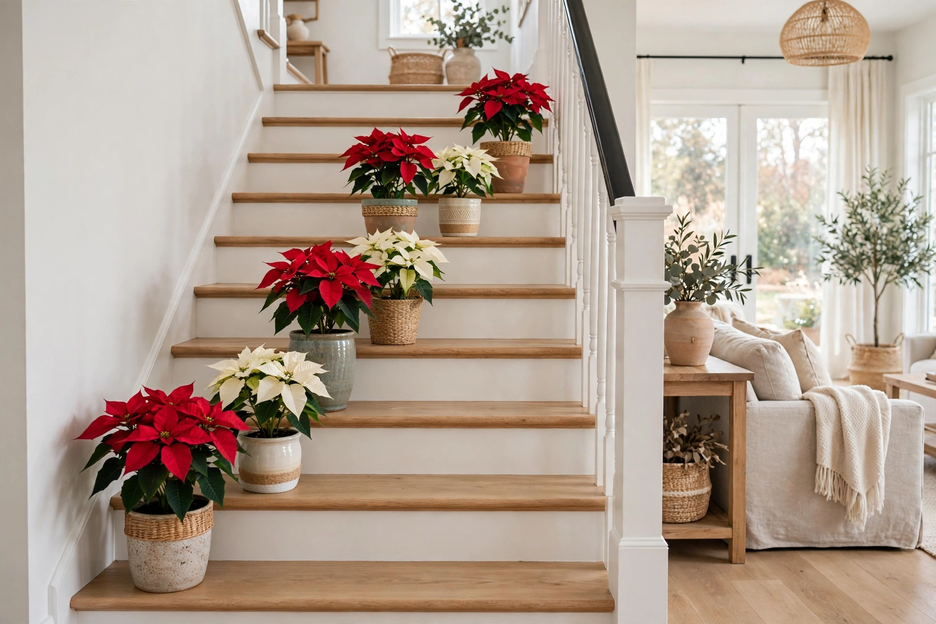 Potted red and white poinsettia plants lined up along staircase steps.