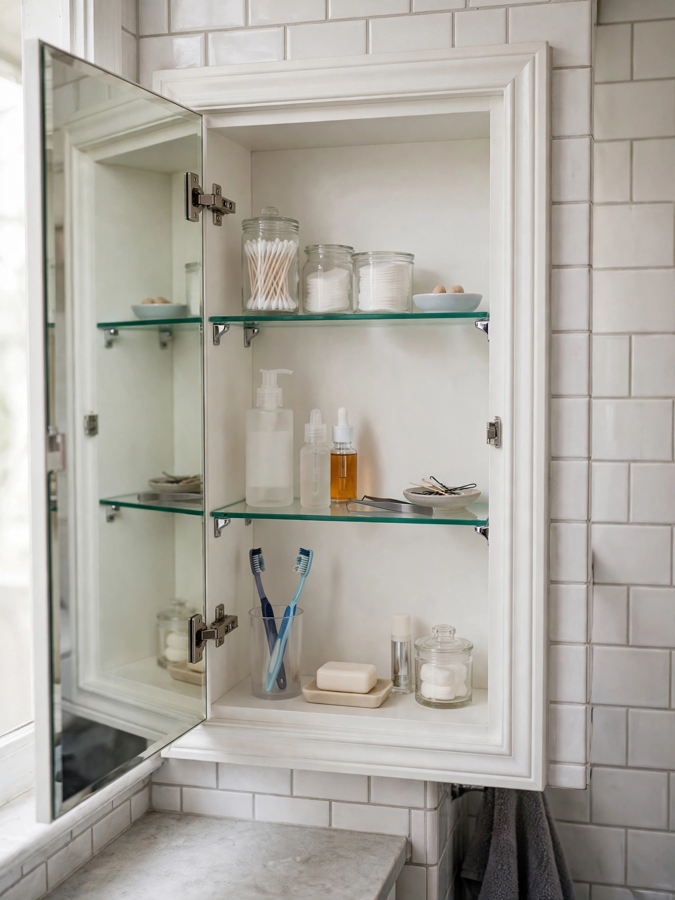 An open recessed mirrored medicine cabinet in a small bathroom wall with neatly arranged toiletries on glass shelves, realistic photo, no text