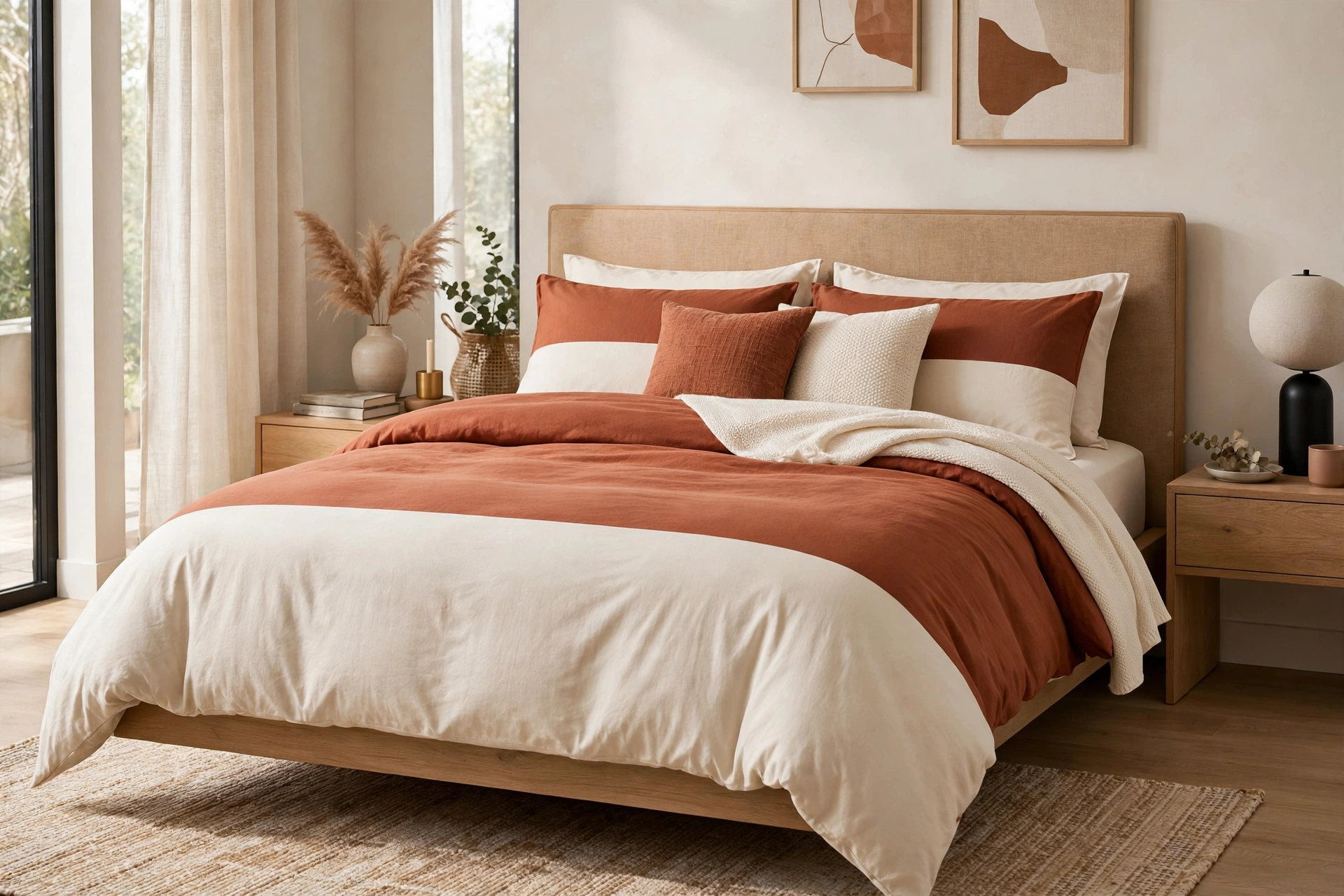 Color block duvet in rust and cream with matching shams on a modern bed.
