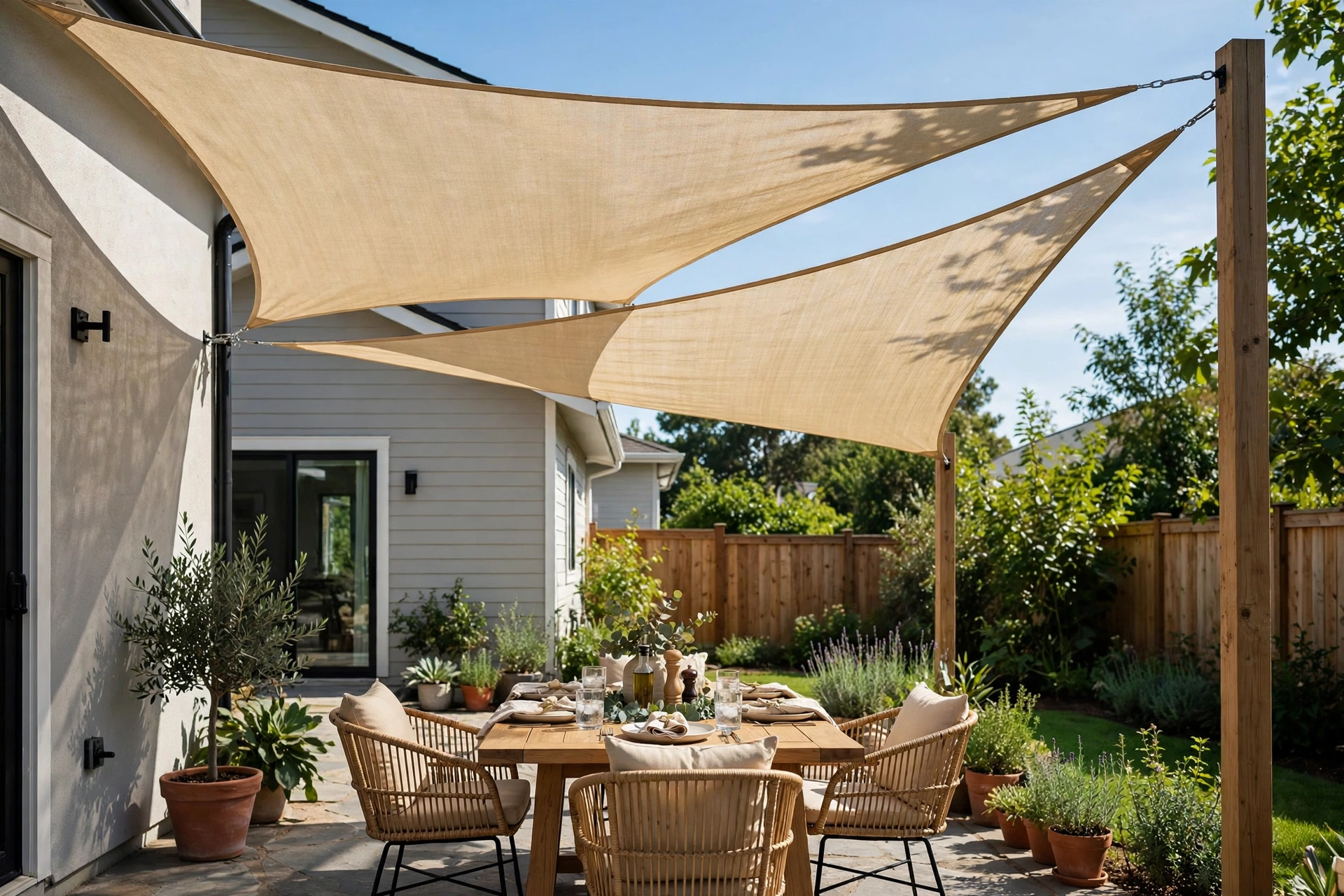 A backyard patio shaded by two overlapping beige shade sails, with outdoor dining furniture beneath