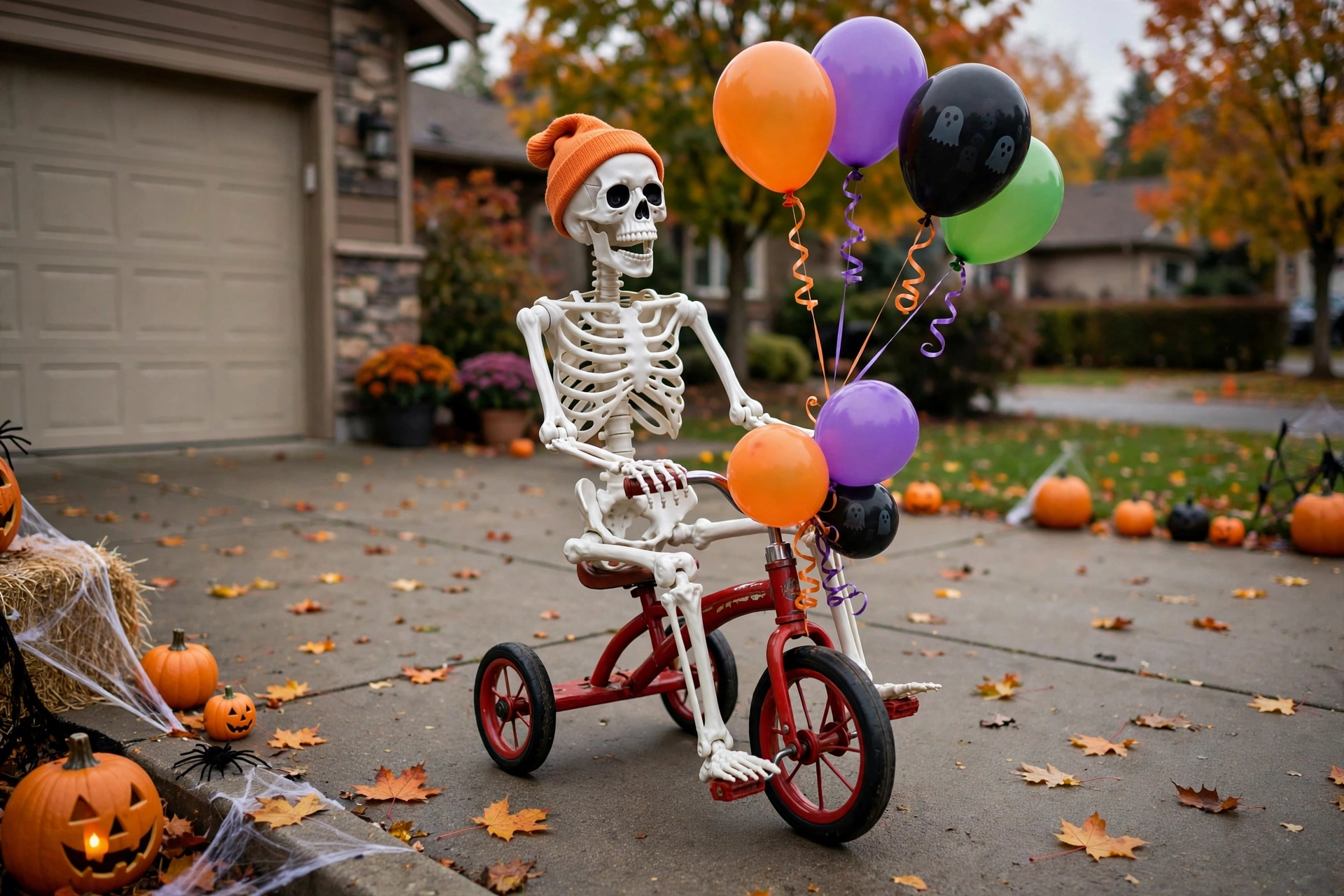 Plastic skeleton riding a small red tricycle on a driveway with balloons tied to the handlebars.