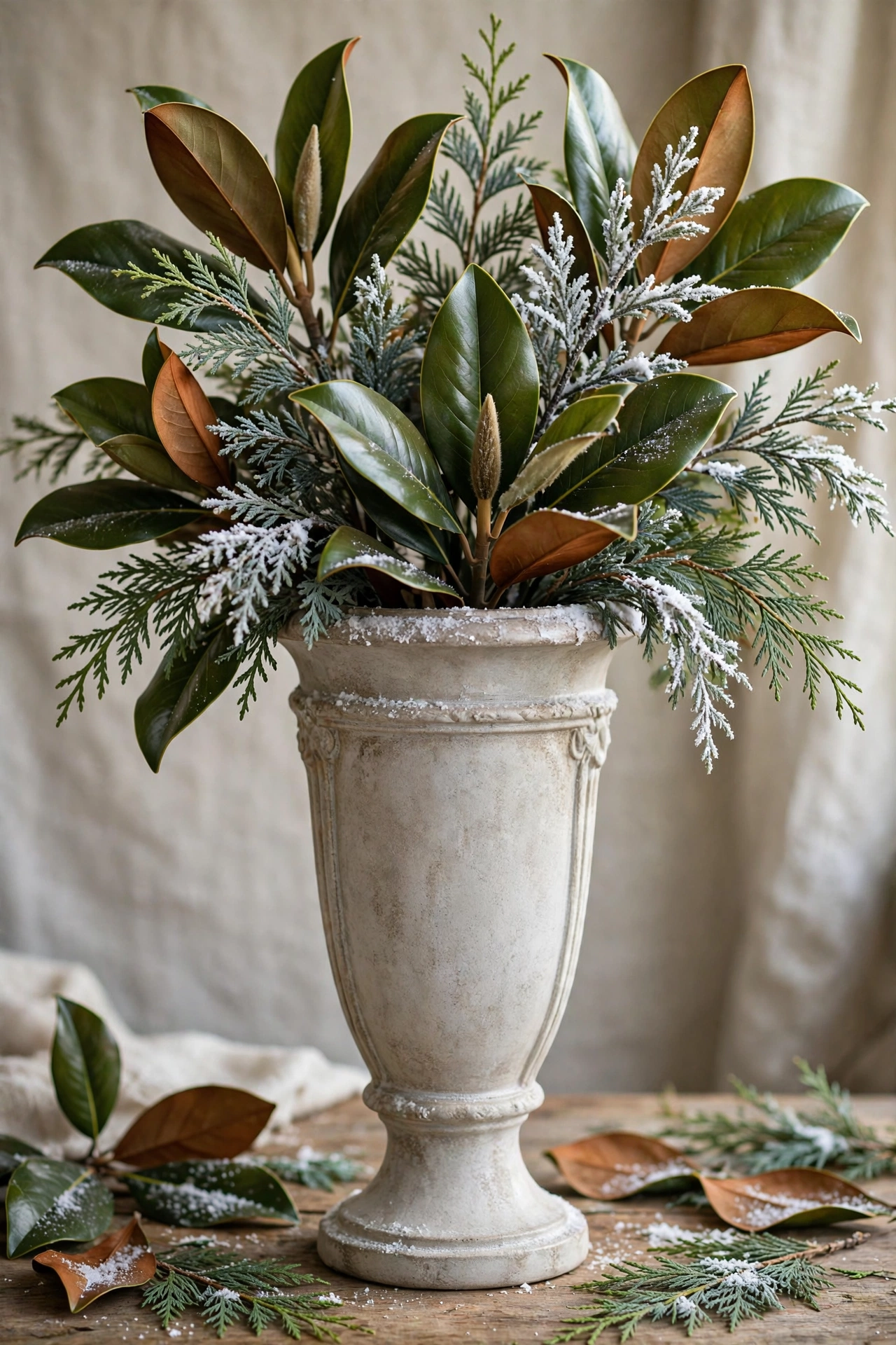 Tall urn with magnolia leaves, cedar branches and faux snow dusting.
