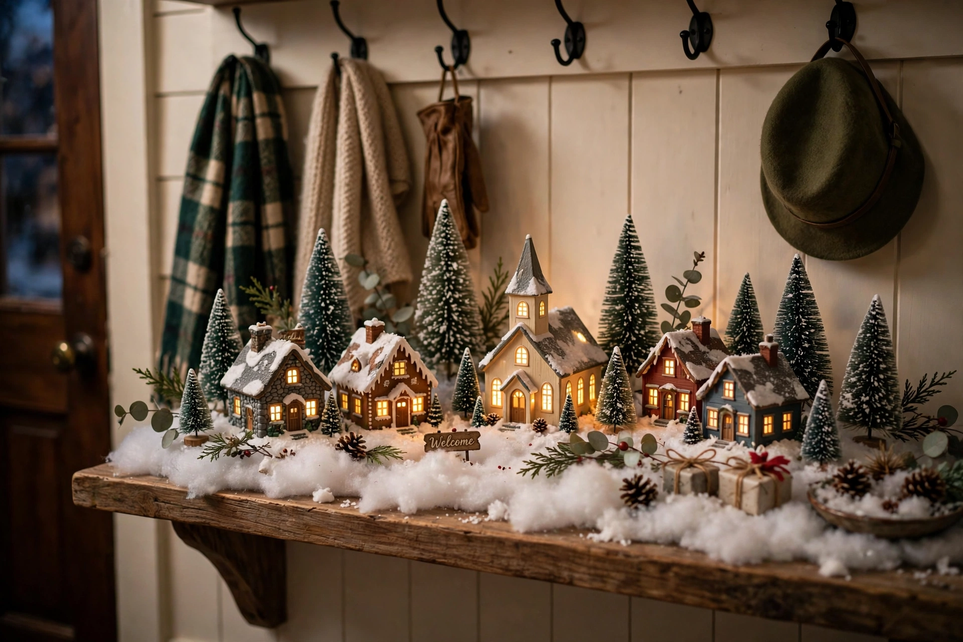 Miniature snowy Christmas village on an entryway shelf