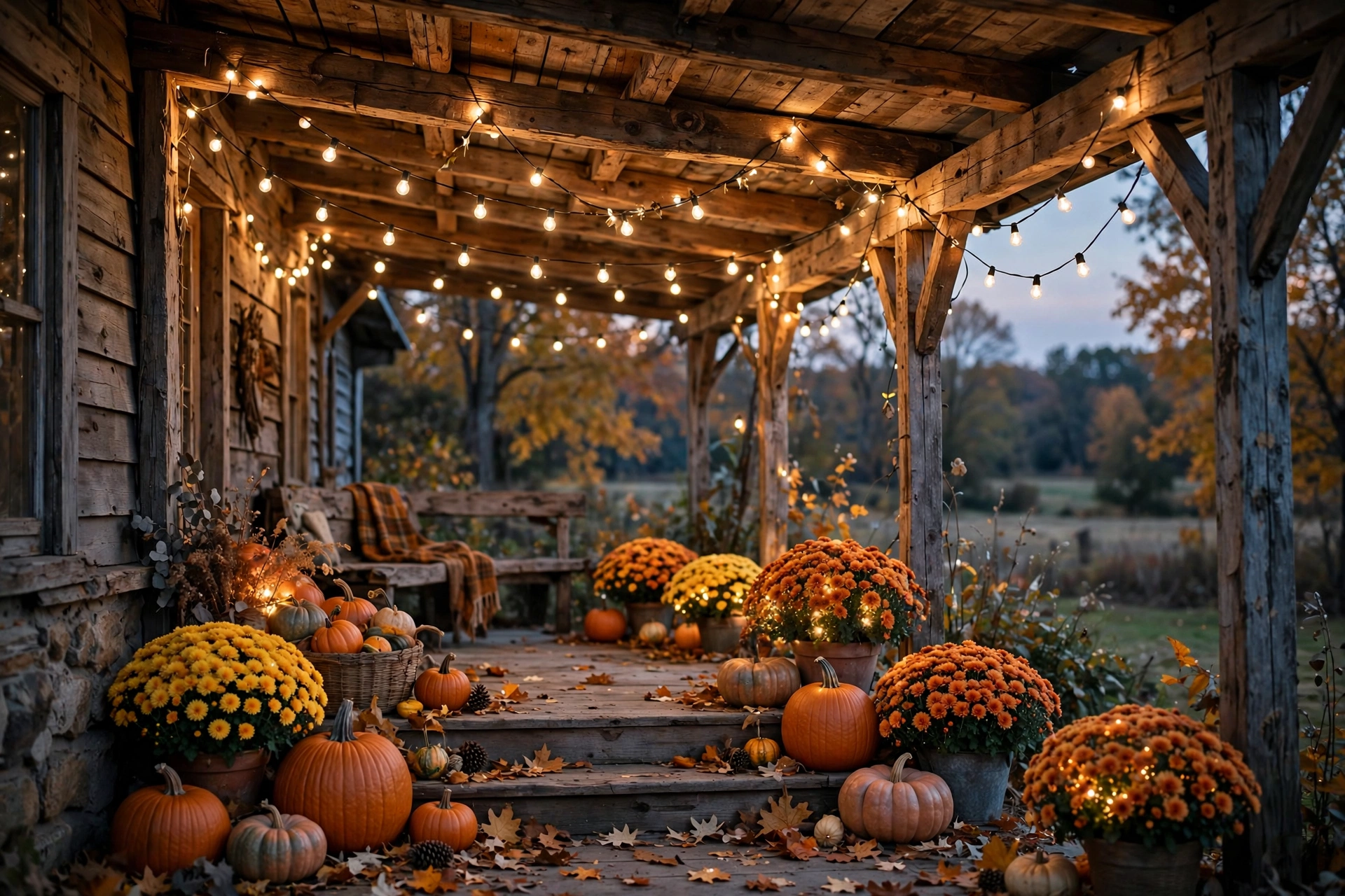 Warm string lights draped across a farmhouse porch ceiling at dusk.