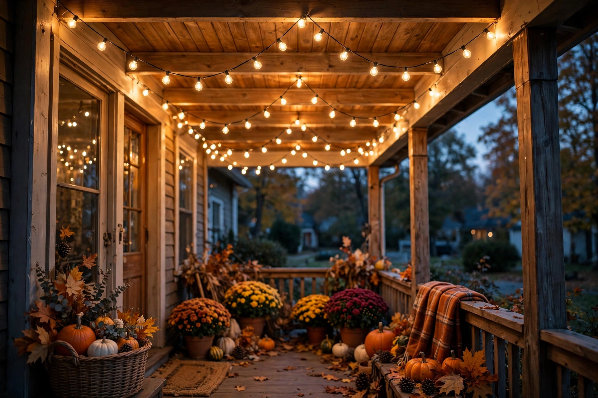 Warm string lights zigzagged across a small porch ceiling at dusk.