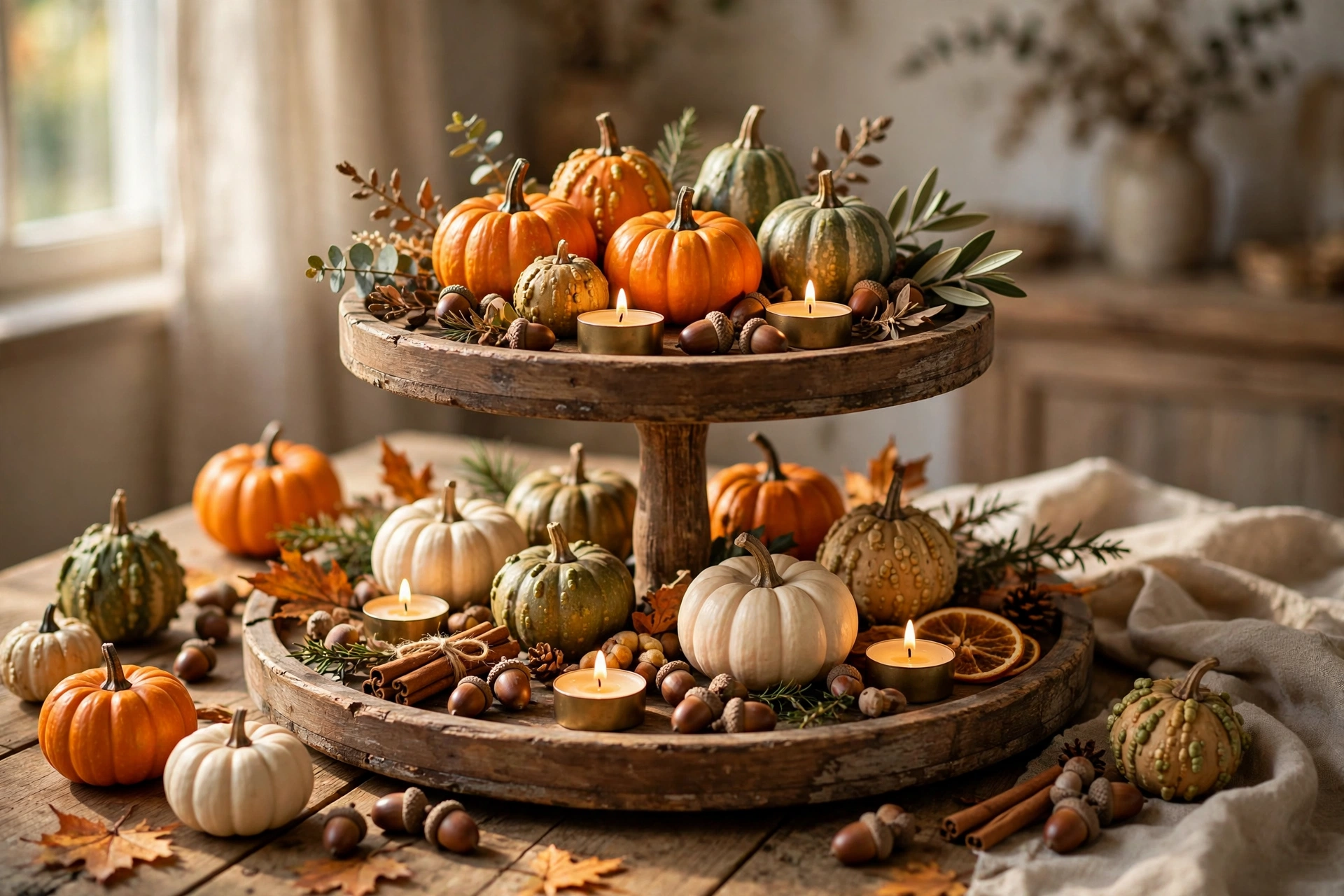 Tiered tray Thanksgiving vignette — Thanksgiving centerpiece idea