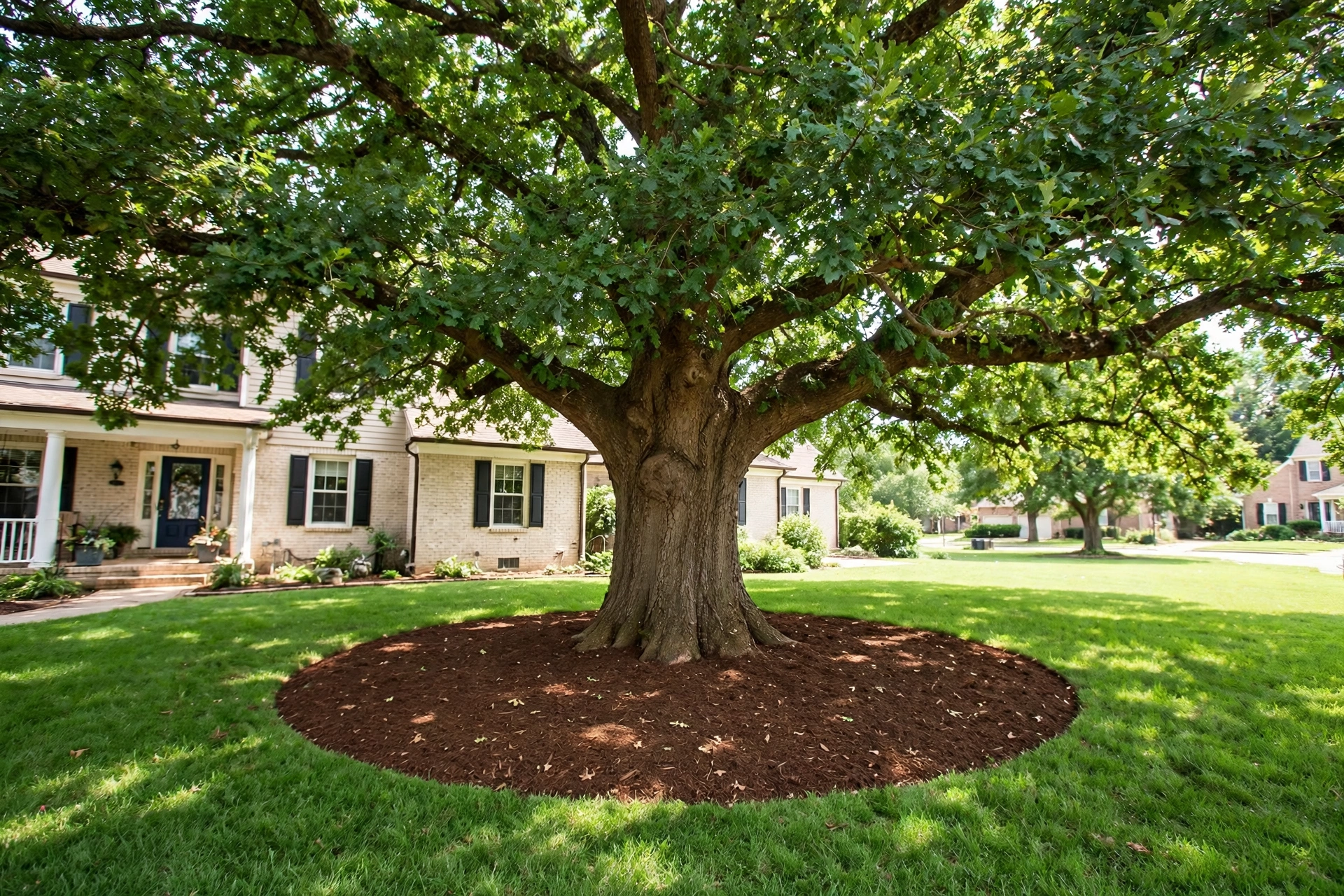 Large shade tree with a clean circular mulch ring in a front lawn.