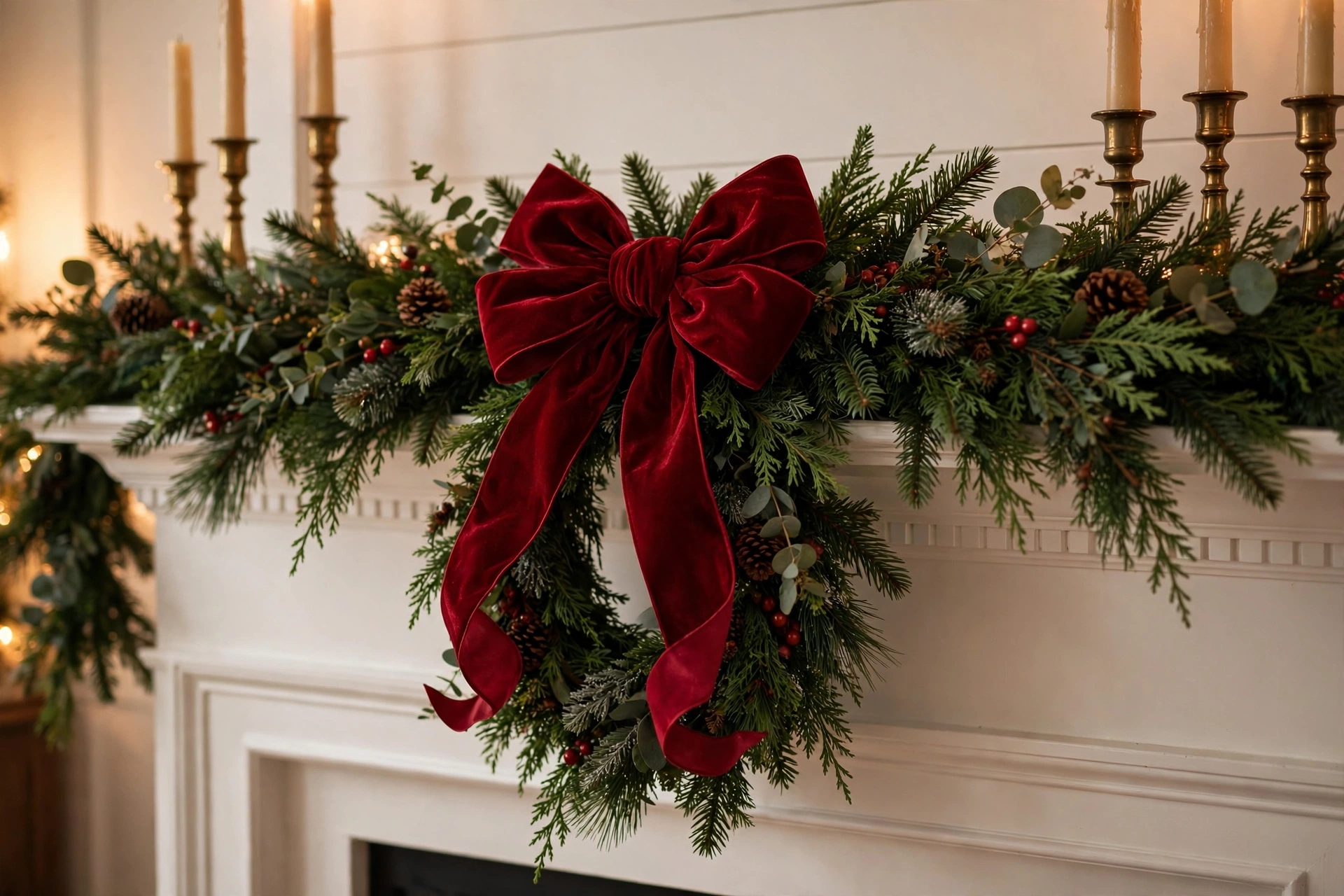 Deep red velvet ribbon bow tied into a full evergreen garland on a classic white mantel.