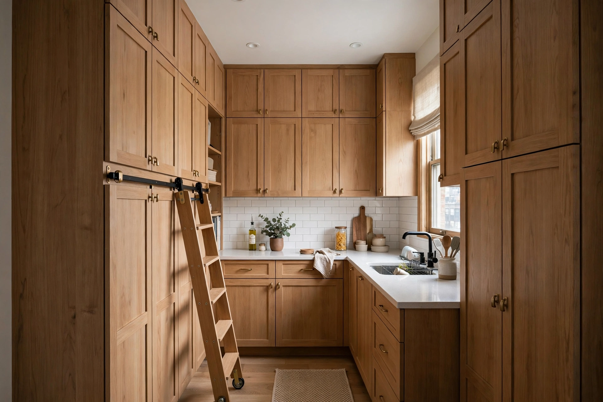 Tall floor-to-ceiling kitchen cabinets maximizing vertical storage in a small space.