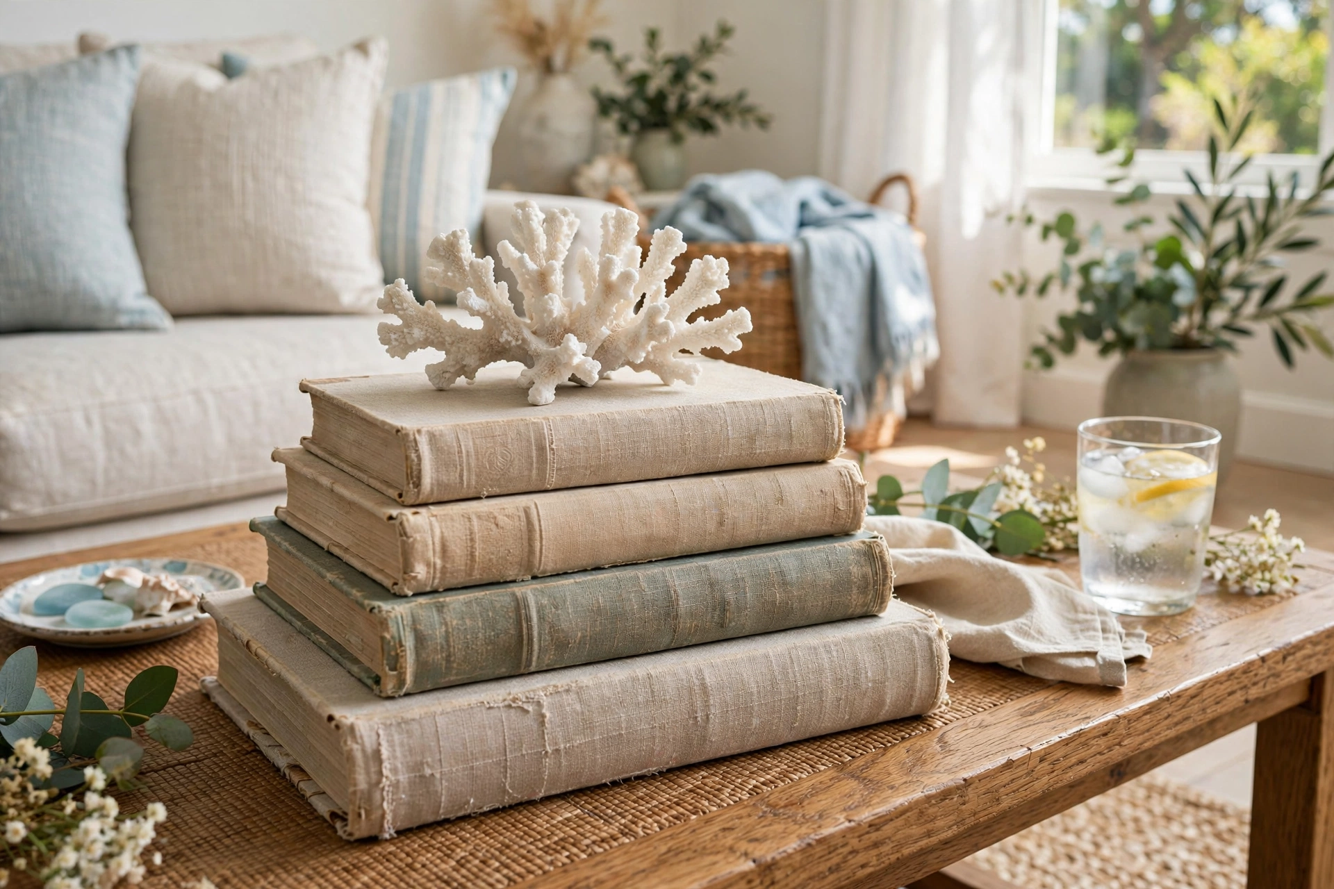 Stack of vintage linen-covered books topped with a white coral branch on a coffee table in a bright living room.