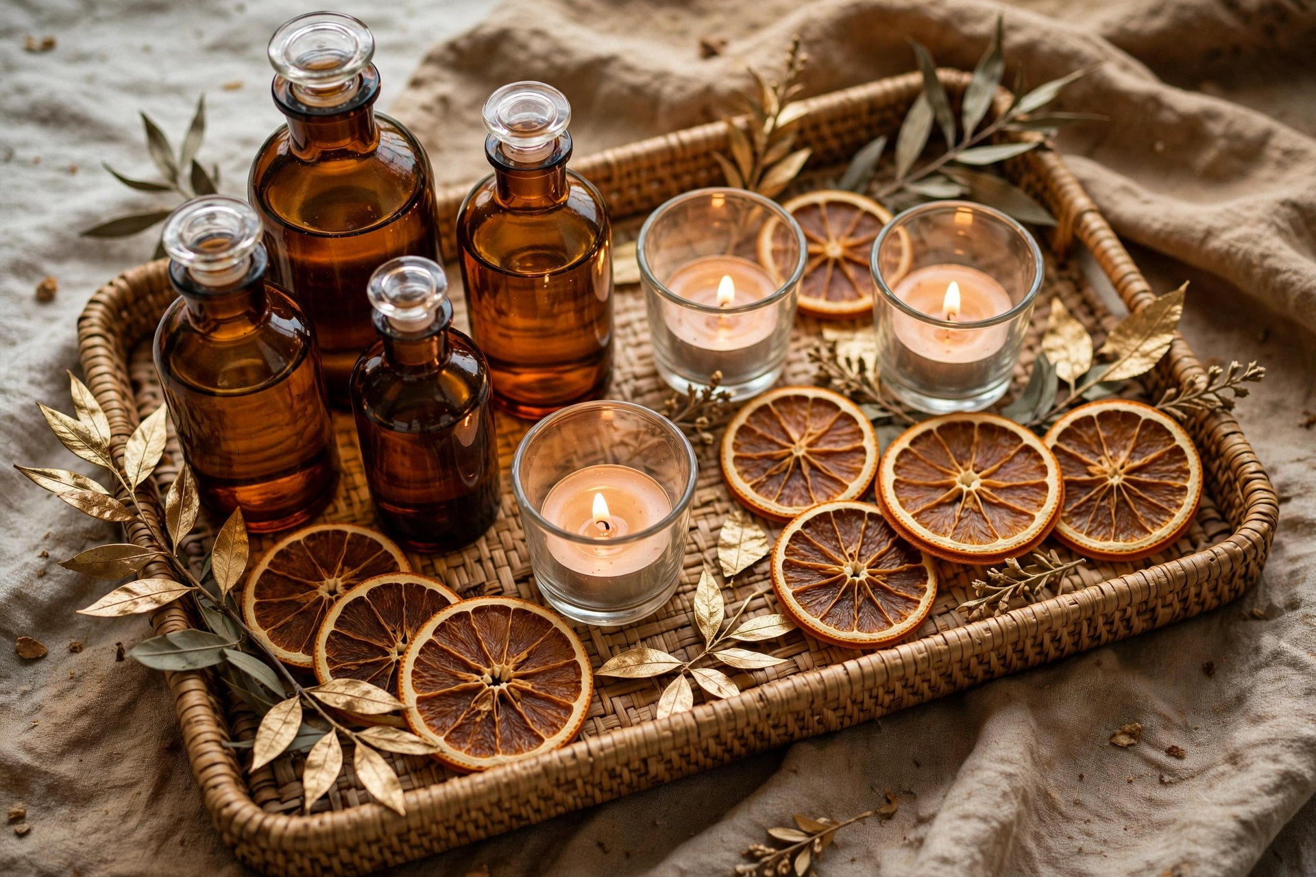 Tray with amber glass bottles and votives, dried orange slices, and gold leaves.