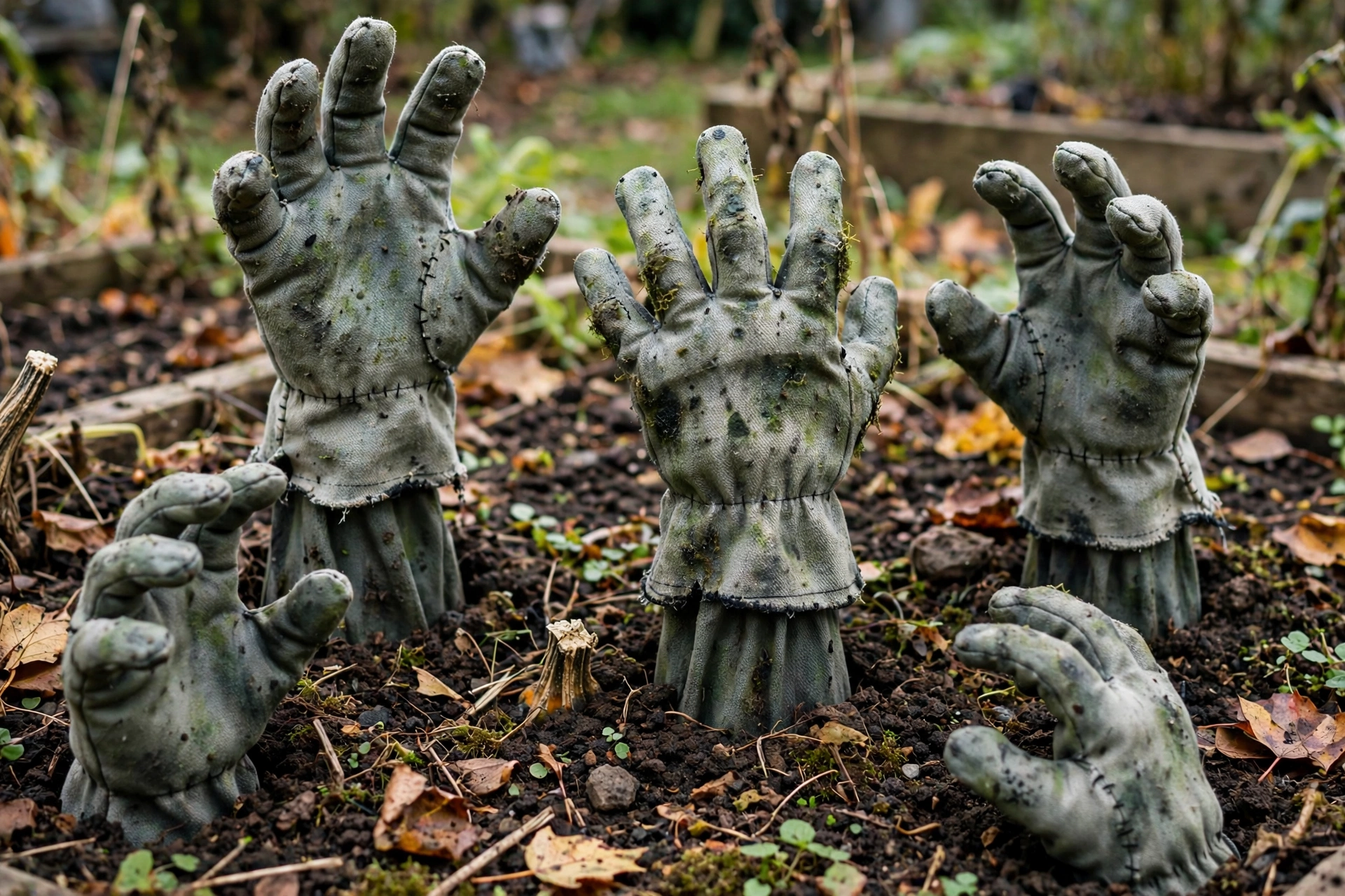 Gray-green zombie hands made from stuffed work gloves reaching up from garden soil.