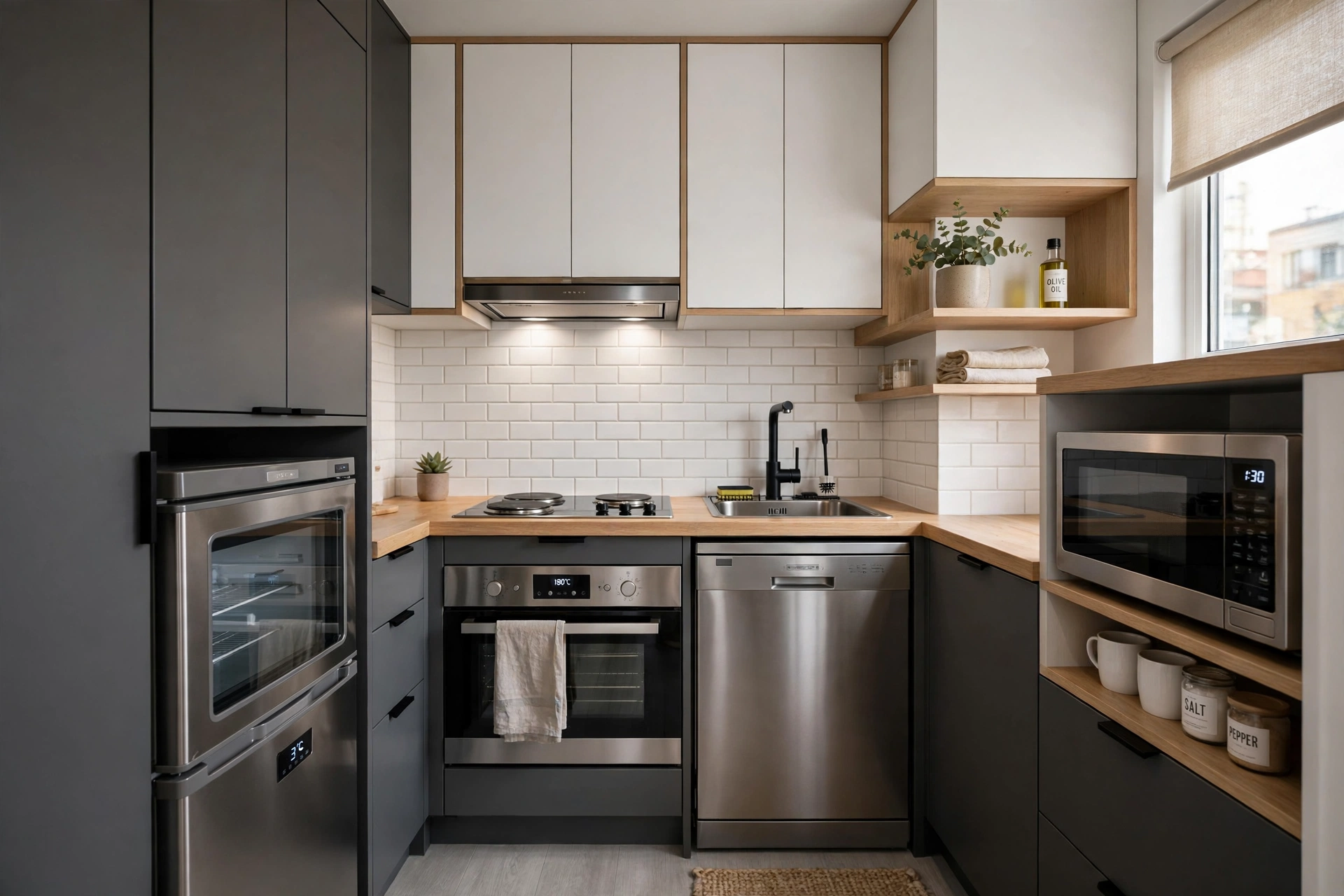 Compact apartment-size kitchen appliances in a sleek tiny kitchen.