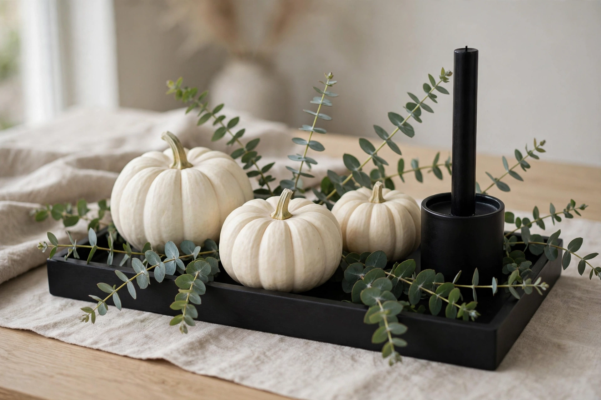 Black tray with white pumpkins, a black candle, and eucalyptus stems in modern style.