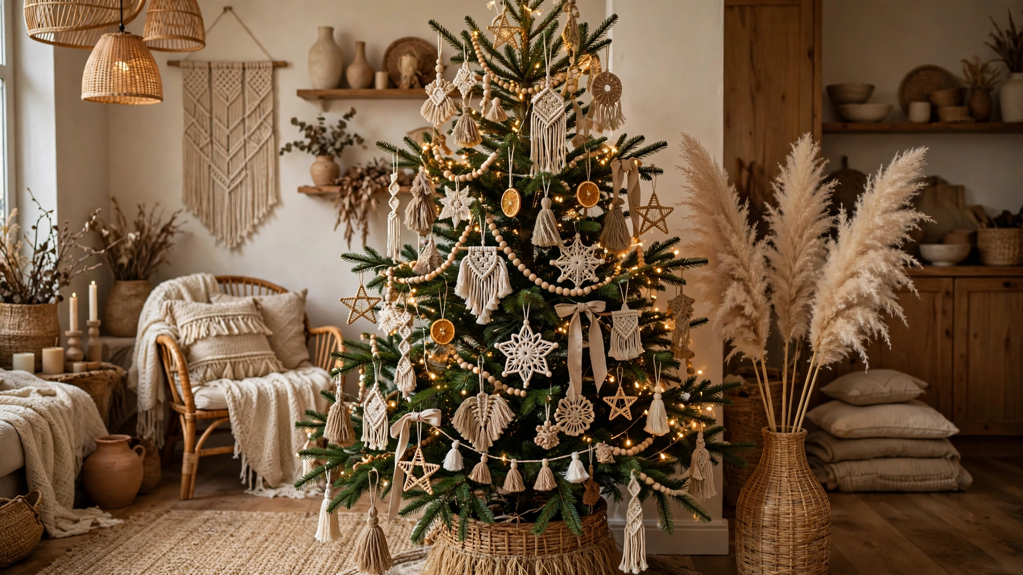 boho Christmas tree with handmade macrame ornaments and woven tassels in neutral tones