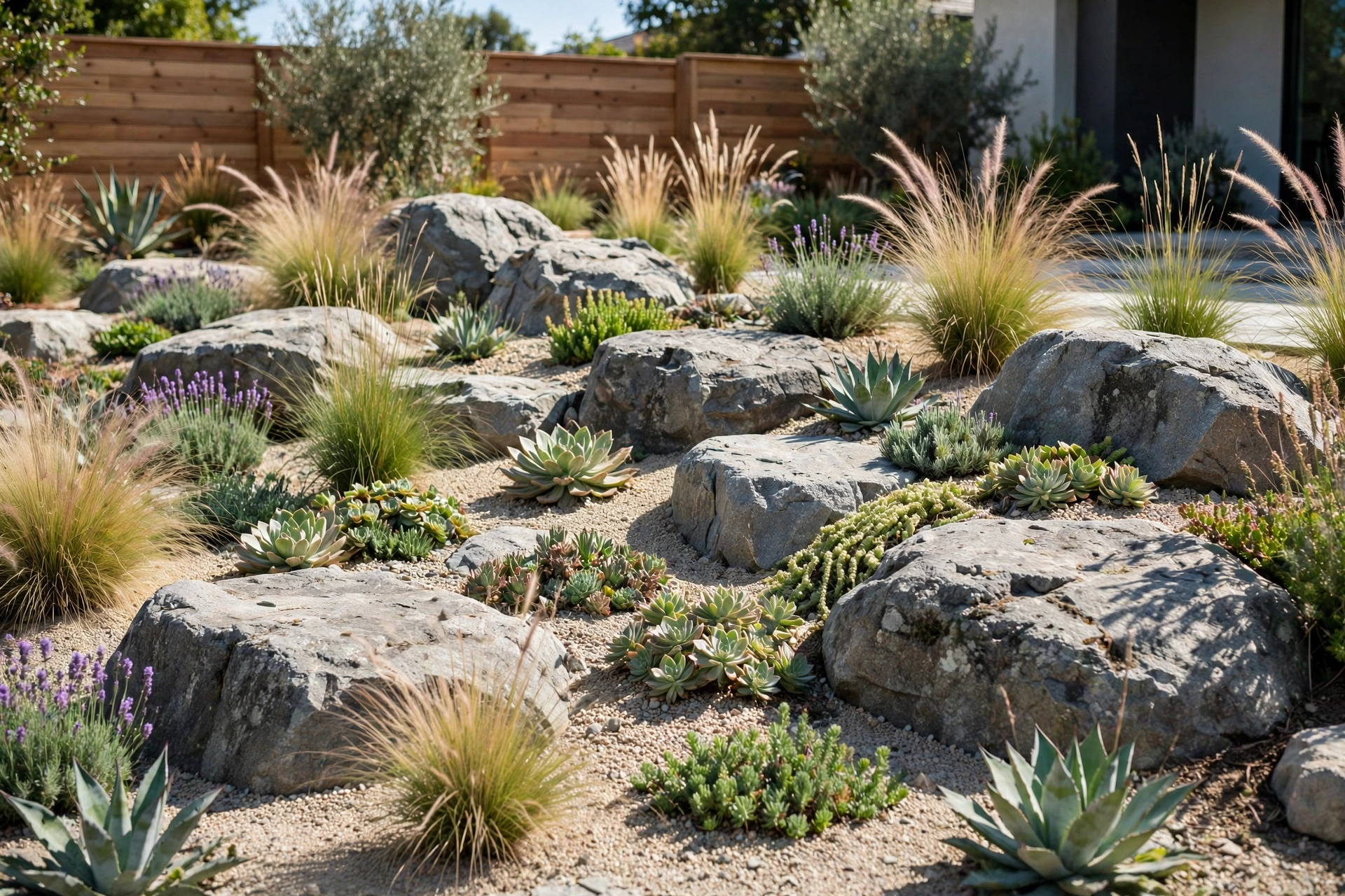 A backyard boulder rock garden with large gray boulders, ornamental grasses, and succulents among gravel