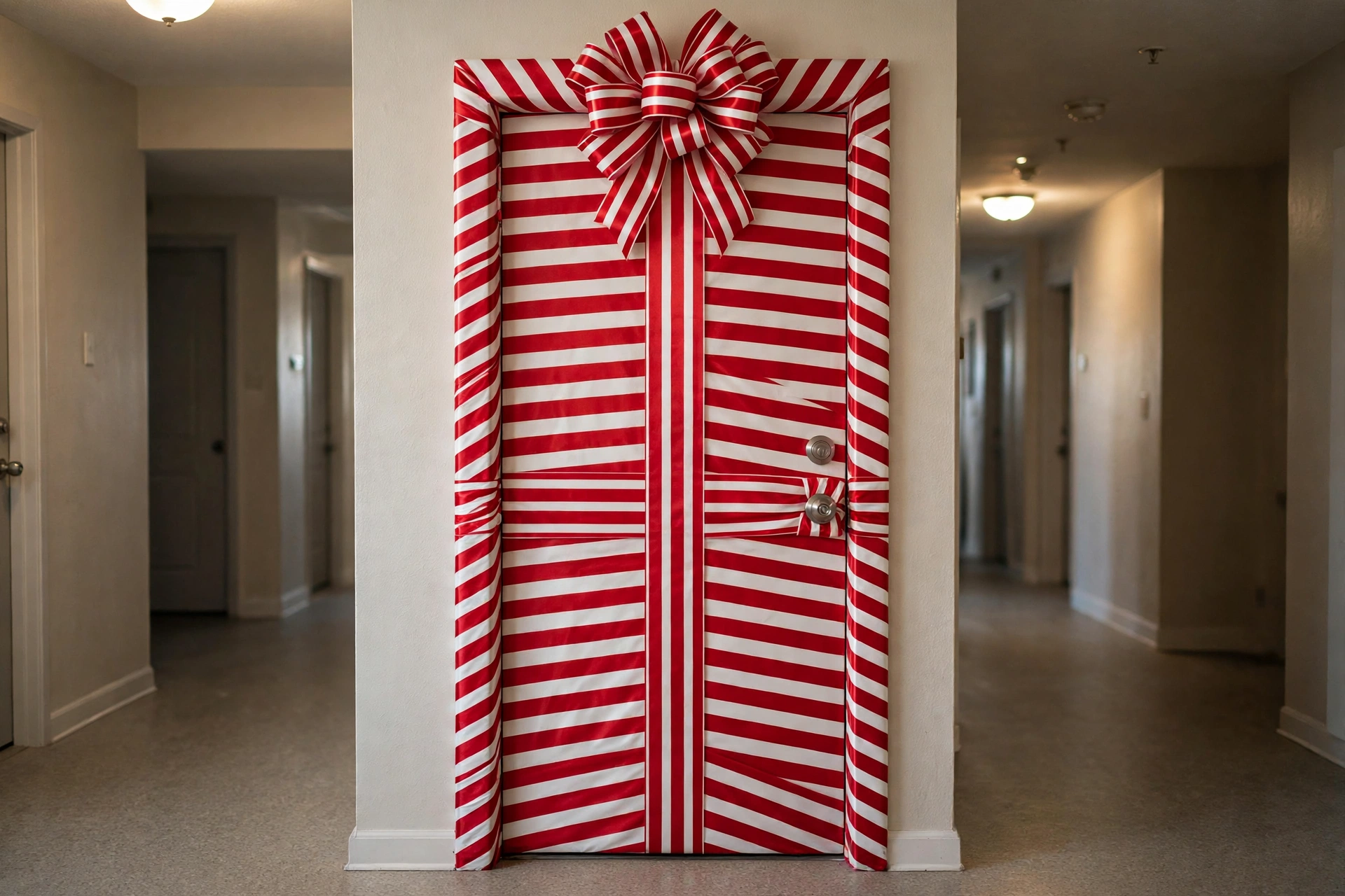 Apartment door wrapped with wide red-and-white striped ribbon like a gift, big bow at the top.