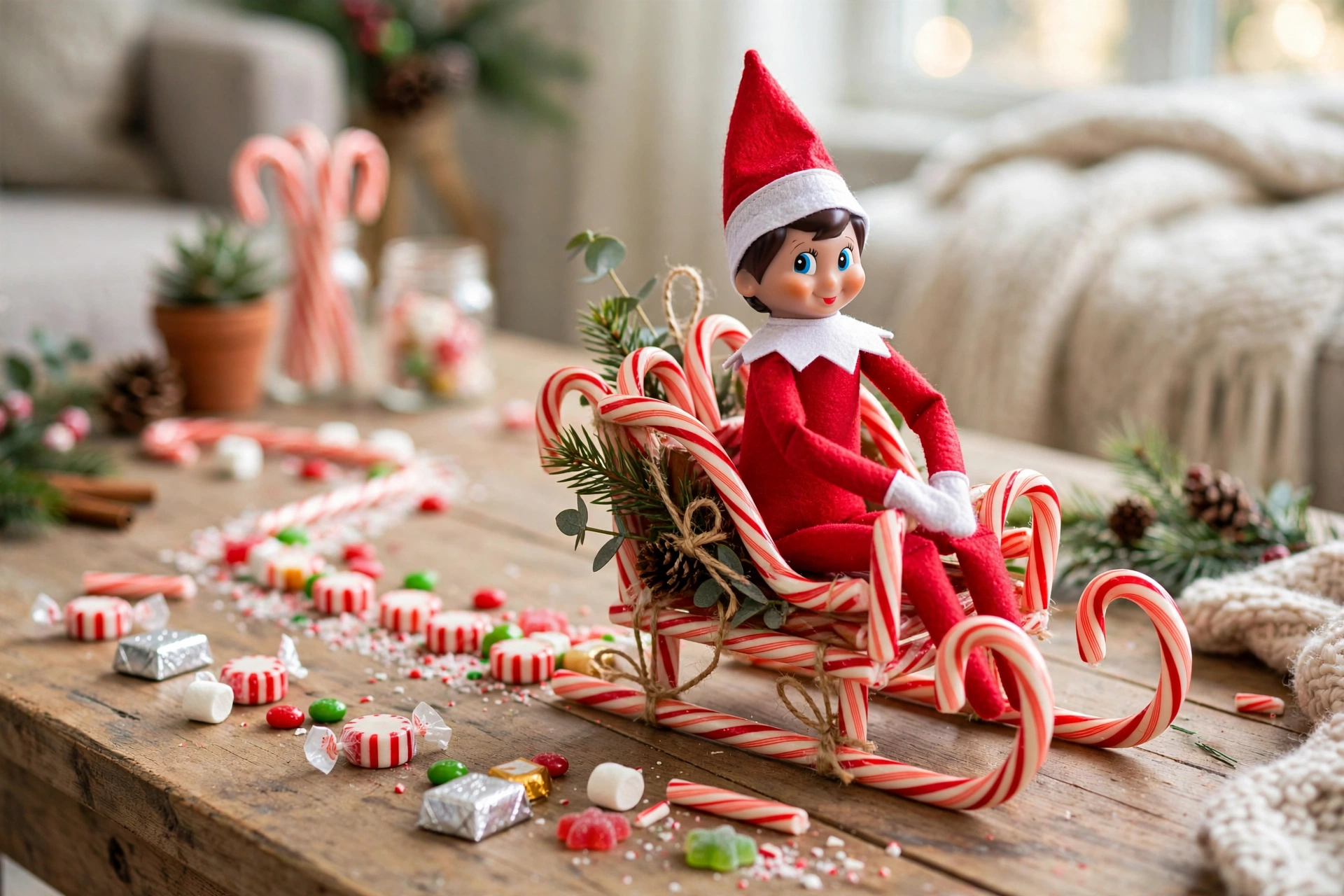 Candy cane sleigh ride elf arrival — elf on the shelf arrival idea