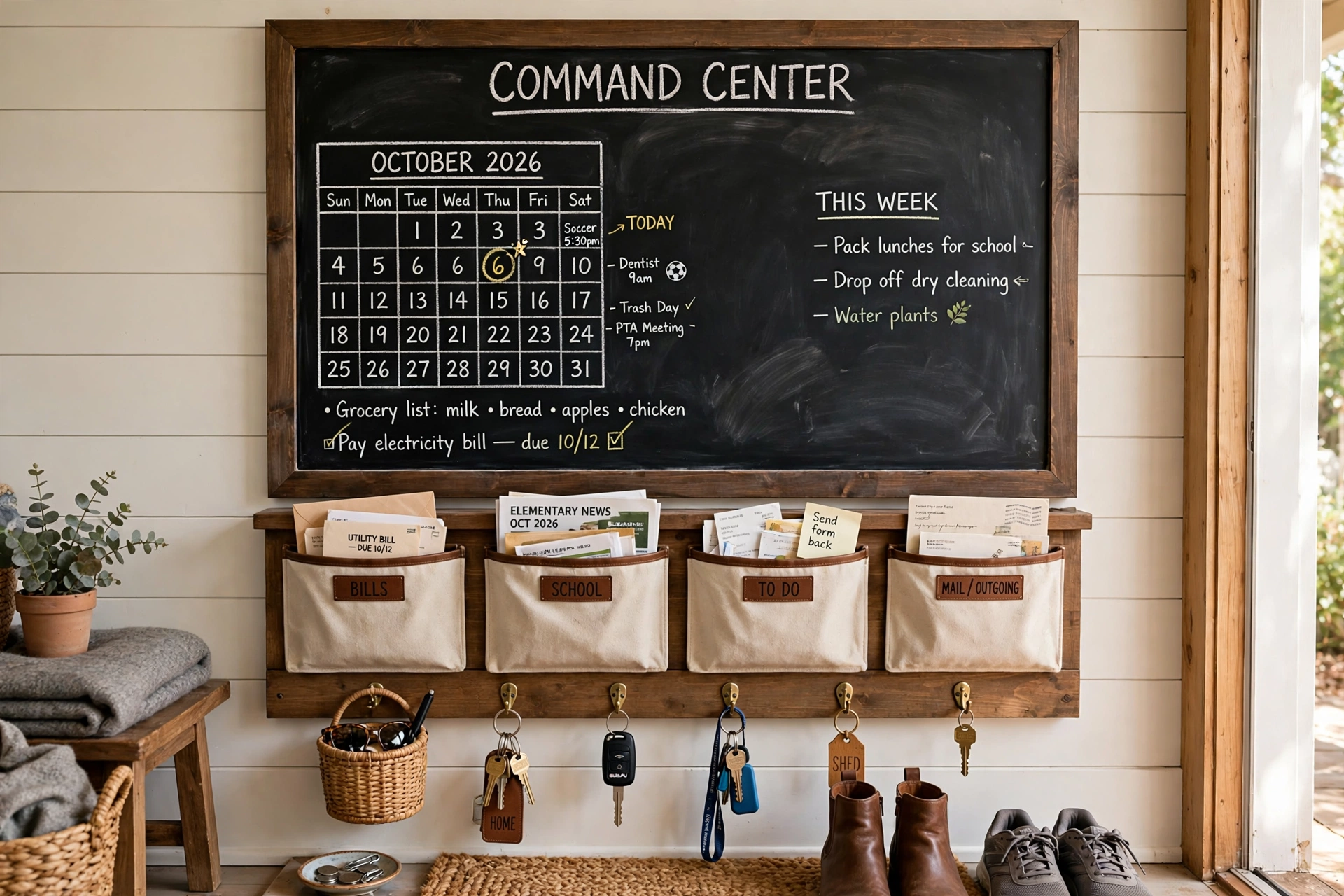 Chalkboard command center — drop zone idea