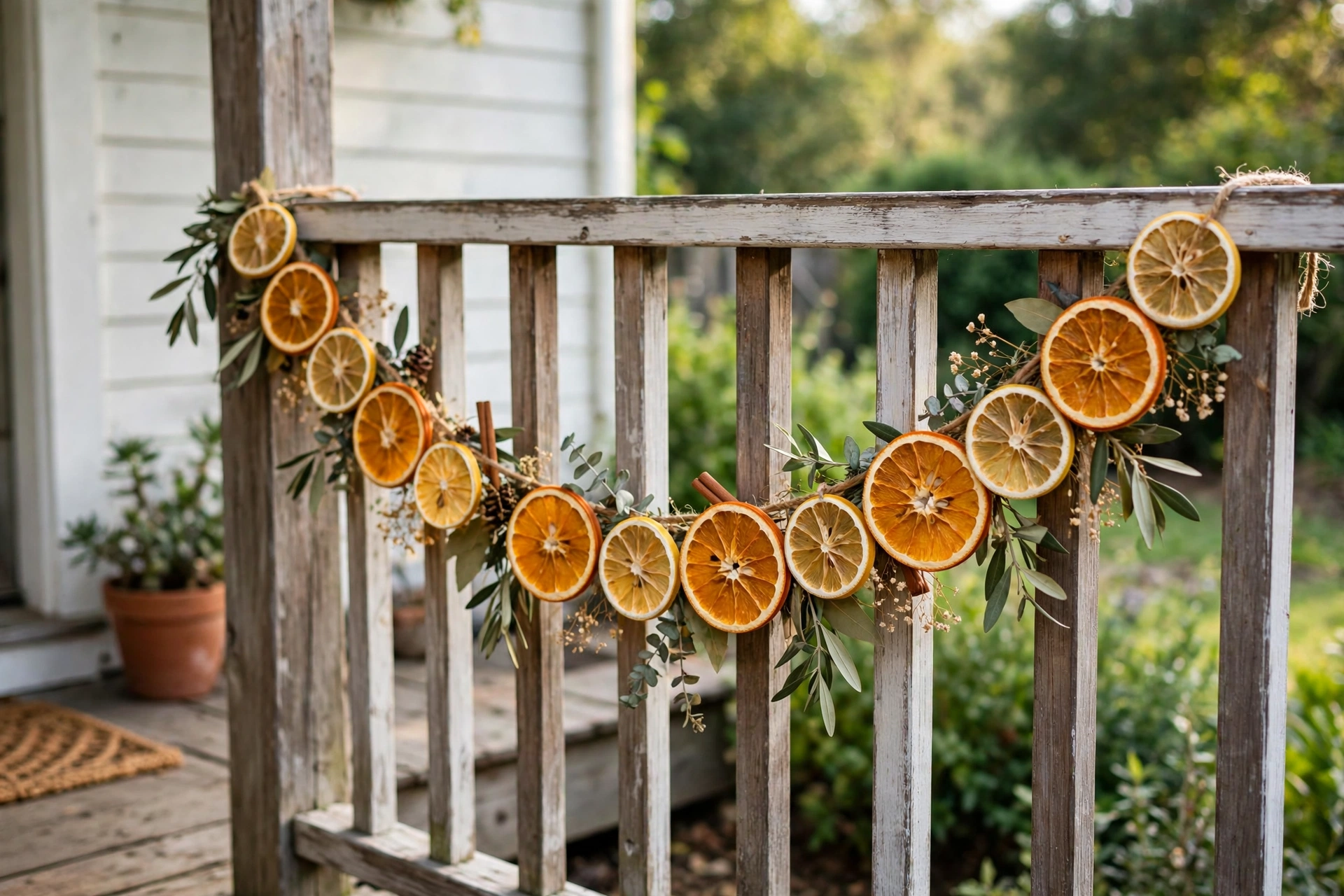 Garland of dried orange and lemon slices hung across a porch railing.
