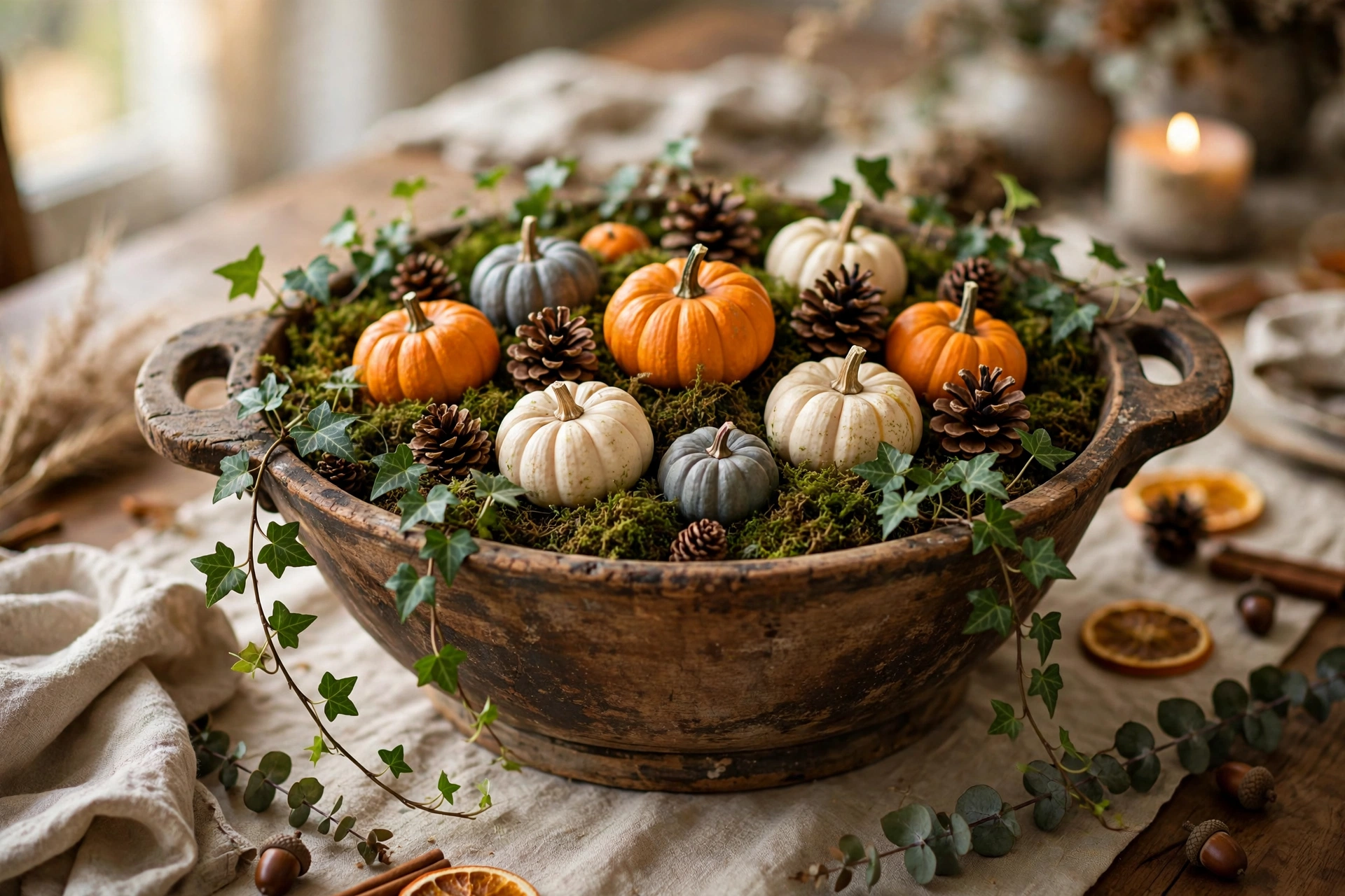 Dough bowl arrangement — Thanksgiving centerpiece idea