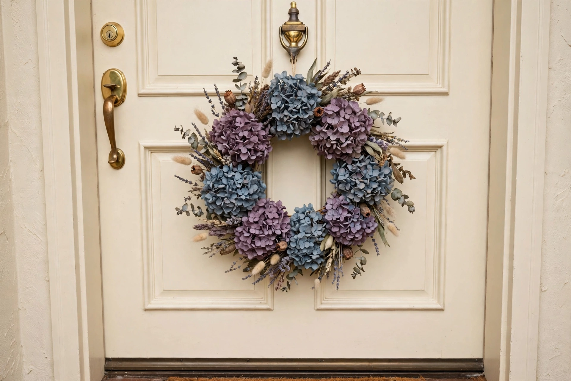 Dusty blue and mauve dried hydrangea wreath on a cream-colored front door.