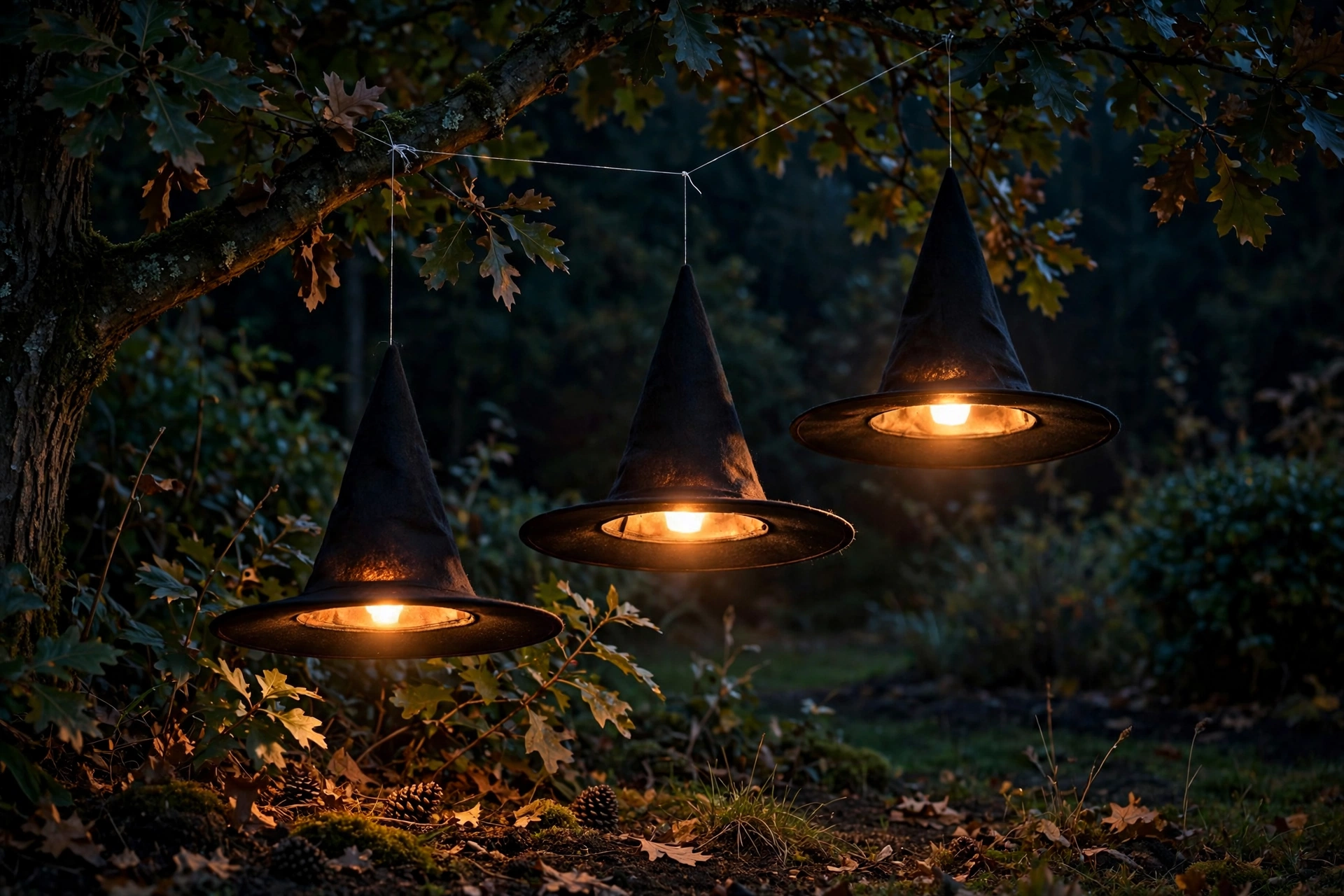 Black witch hats hanging from fishing line under a tree, glowing from within at night.