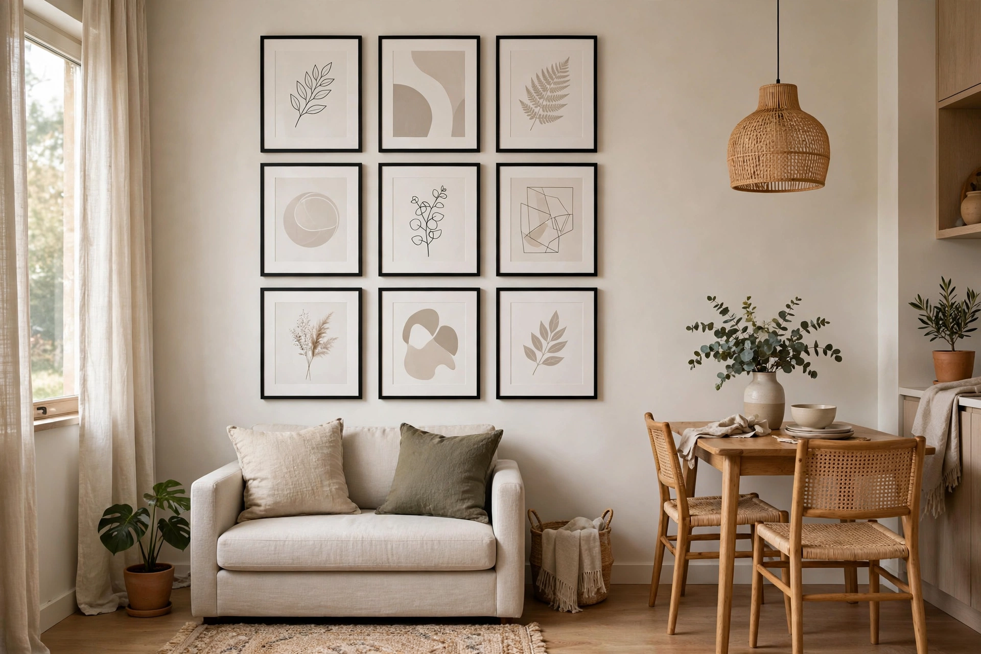 Gallery wall of framed prints above a small sofa in a living dining combo.