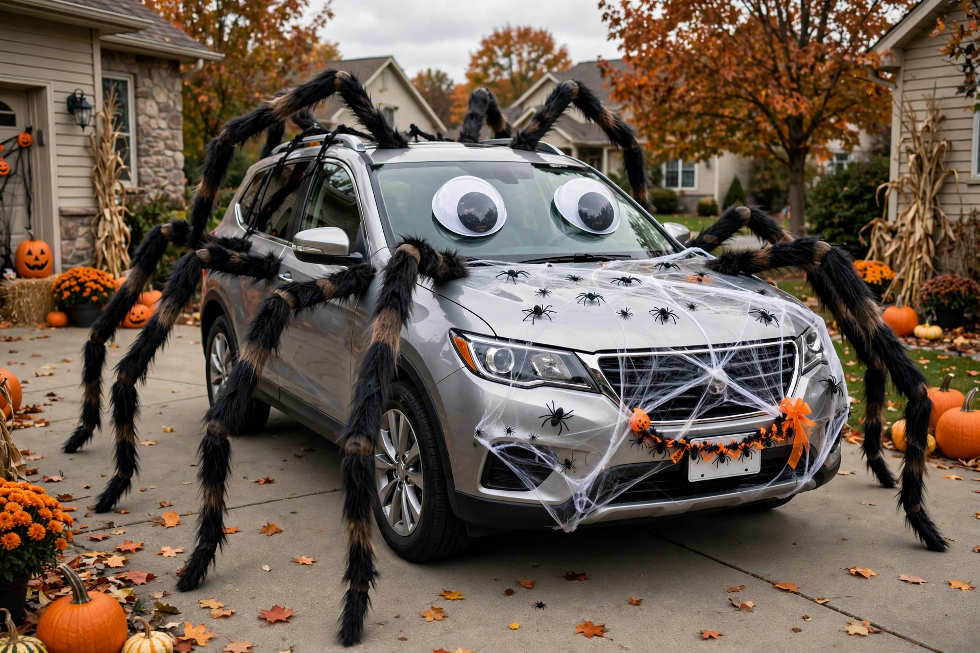 Car decorated with giant spider legs and googly eyes on the windshield in a driveway.