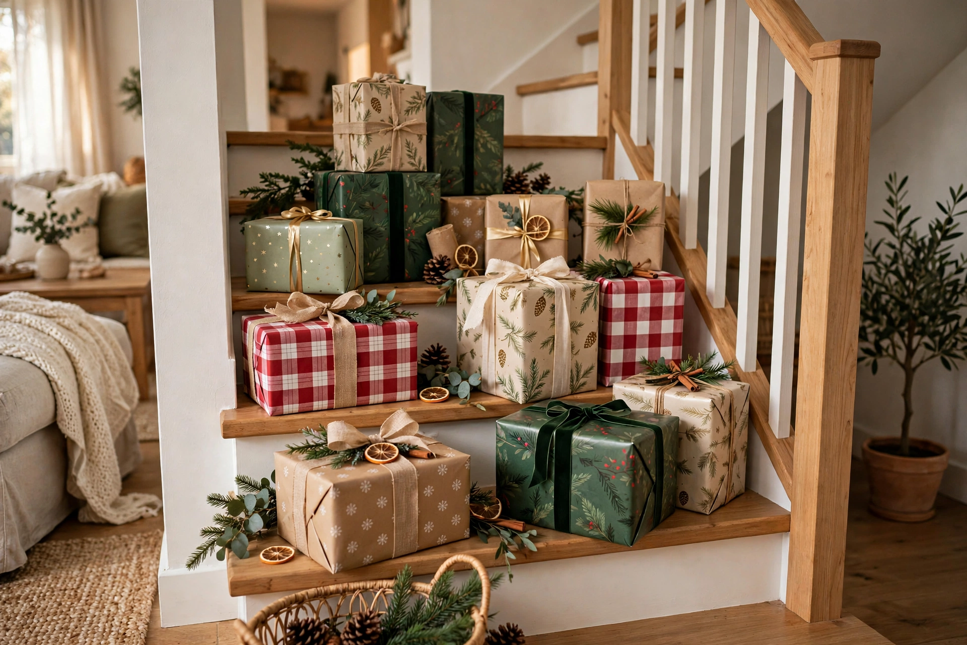 Beautifully wrapped gift boxes in coordinating paper stacked decoratively on stair steps.