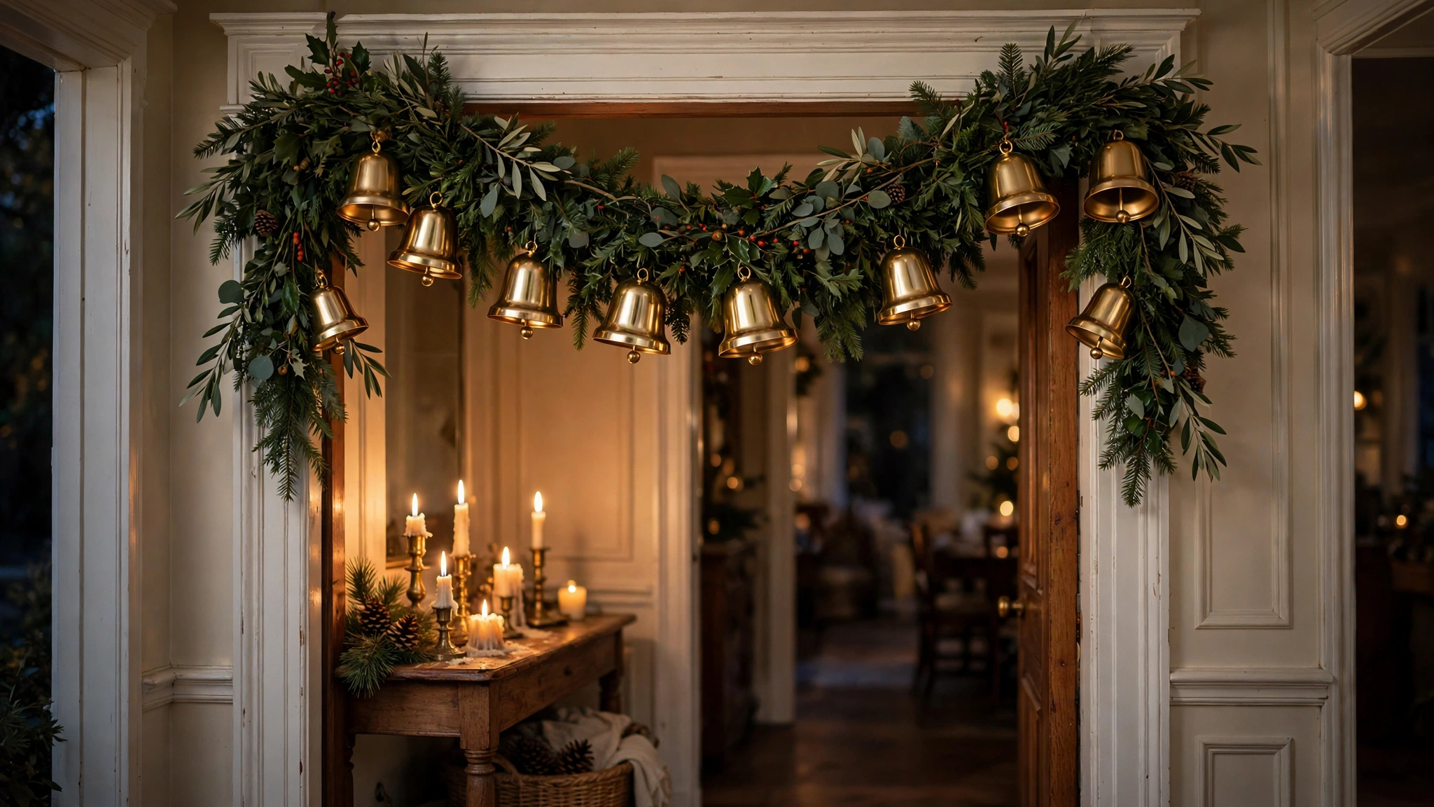 Gold bell garland hanging on an entryway doorframe