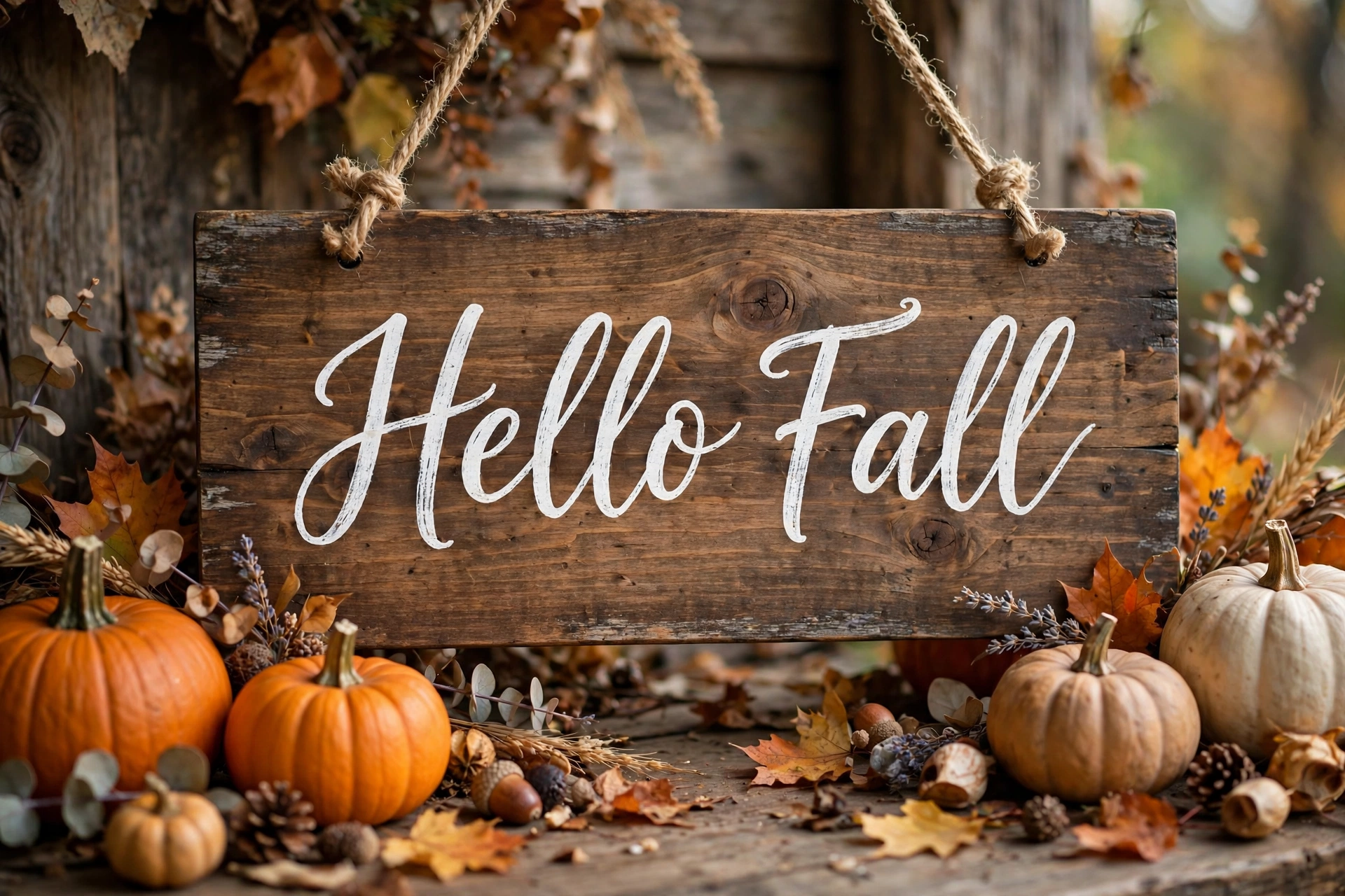 Hand-lettered wooden sign reading Hello Fall in white script on stained wood with pumpkins nearby.